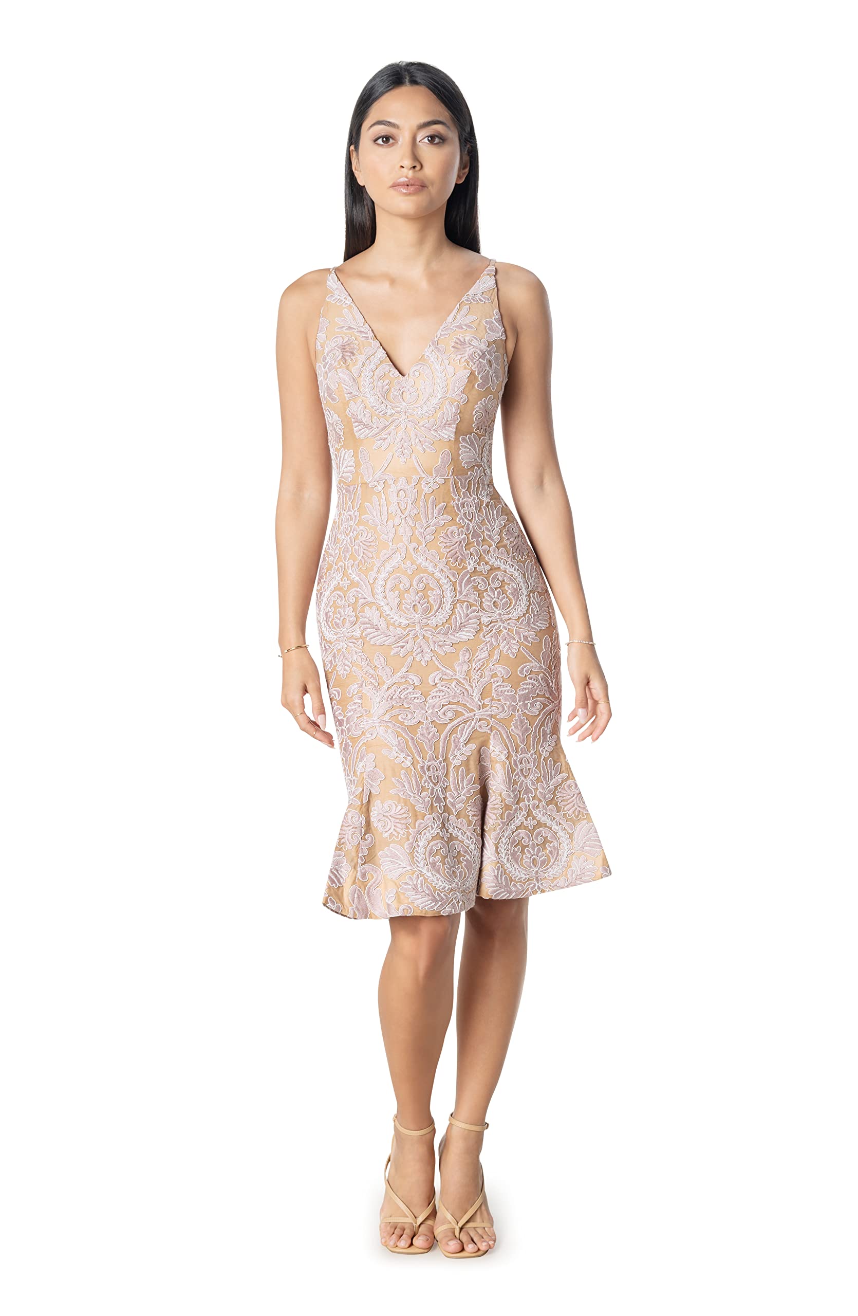 Dress the Population Women's Isabelle V-Neck Bodycon Midi Dress with Ruffled Hem - Perfect for Cocktail Parties, Date Nights & Special Occasions