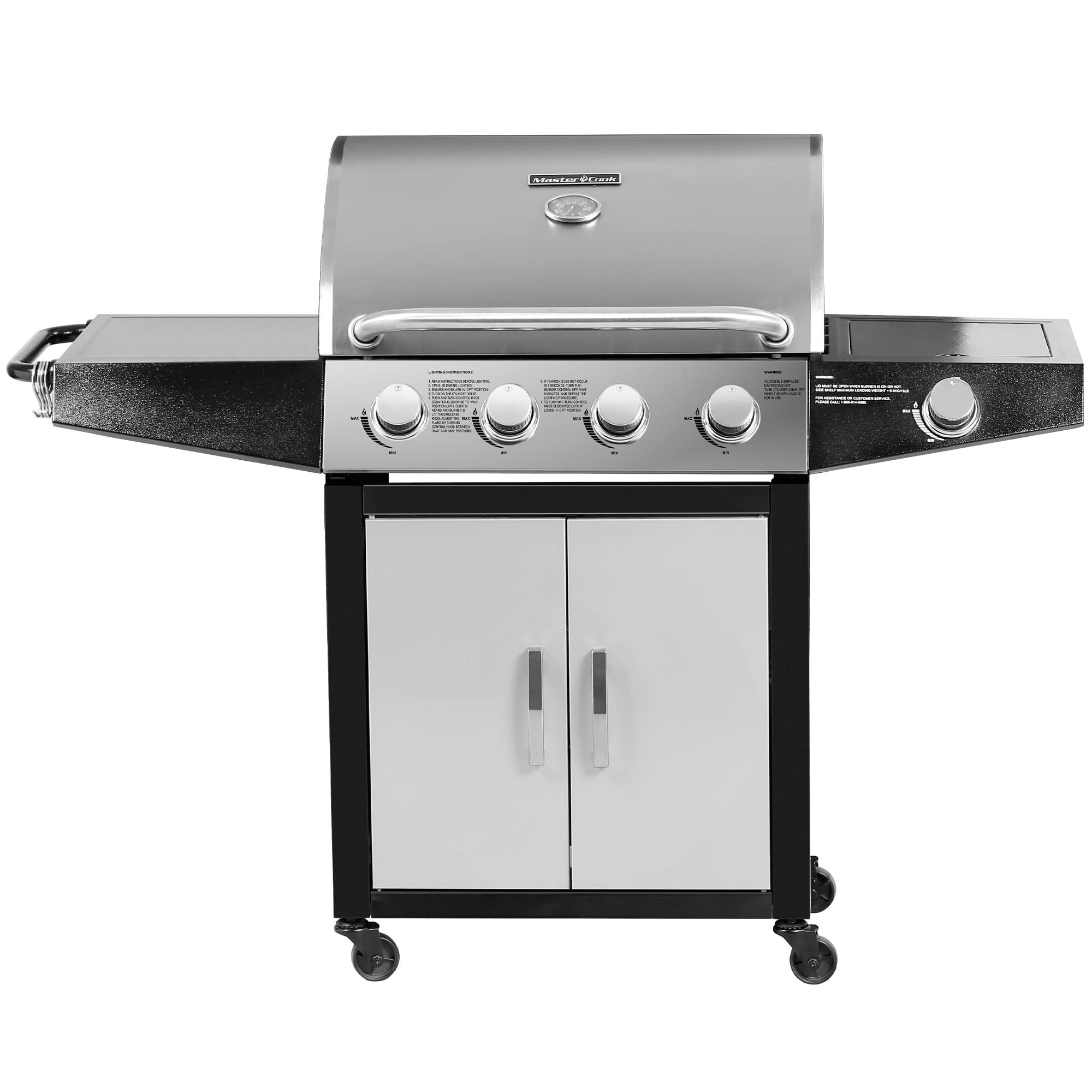 MASTER COOK 4-Burner Outdoor Propane Gas Grill with Side Burner - Stainless Steel BBQ Grill for Backyard, Patio & Camping - Silver Black (Liquid Propane)