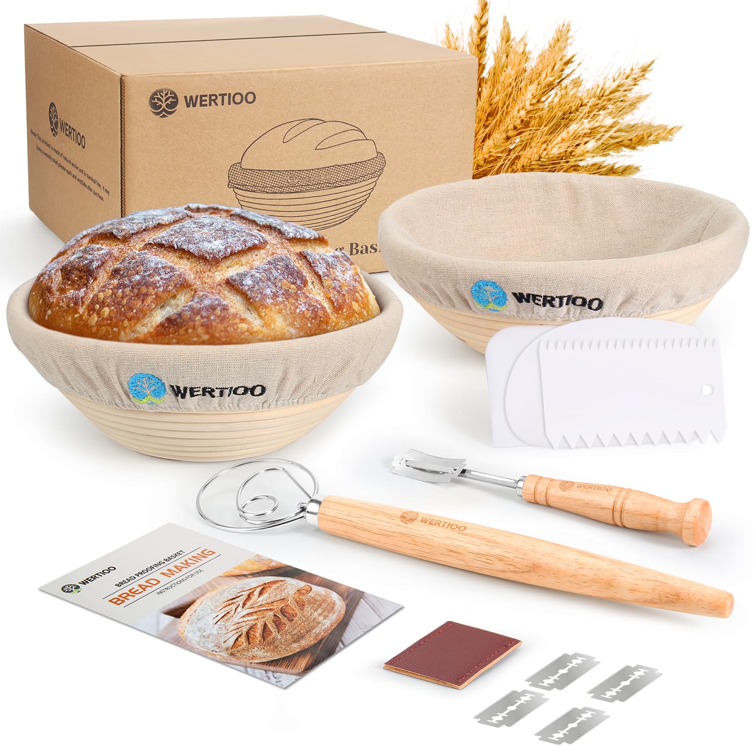 Premium Banneton Bread Proofing Basket Set of 2 - 9 Inch Round Sourdough Proofing Baskets with Dough Scraper, Danish Whisk & Bread Lame | Artisan Sourdough Baking Kit for Homemade Bread | Perfect for Bakers & Bread Making Enthusiasts