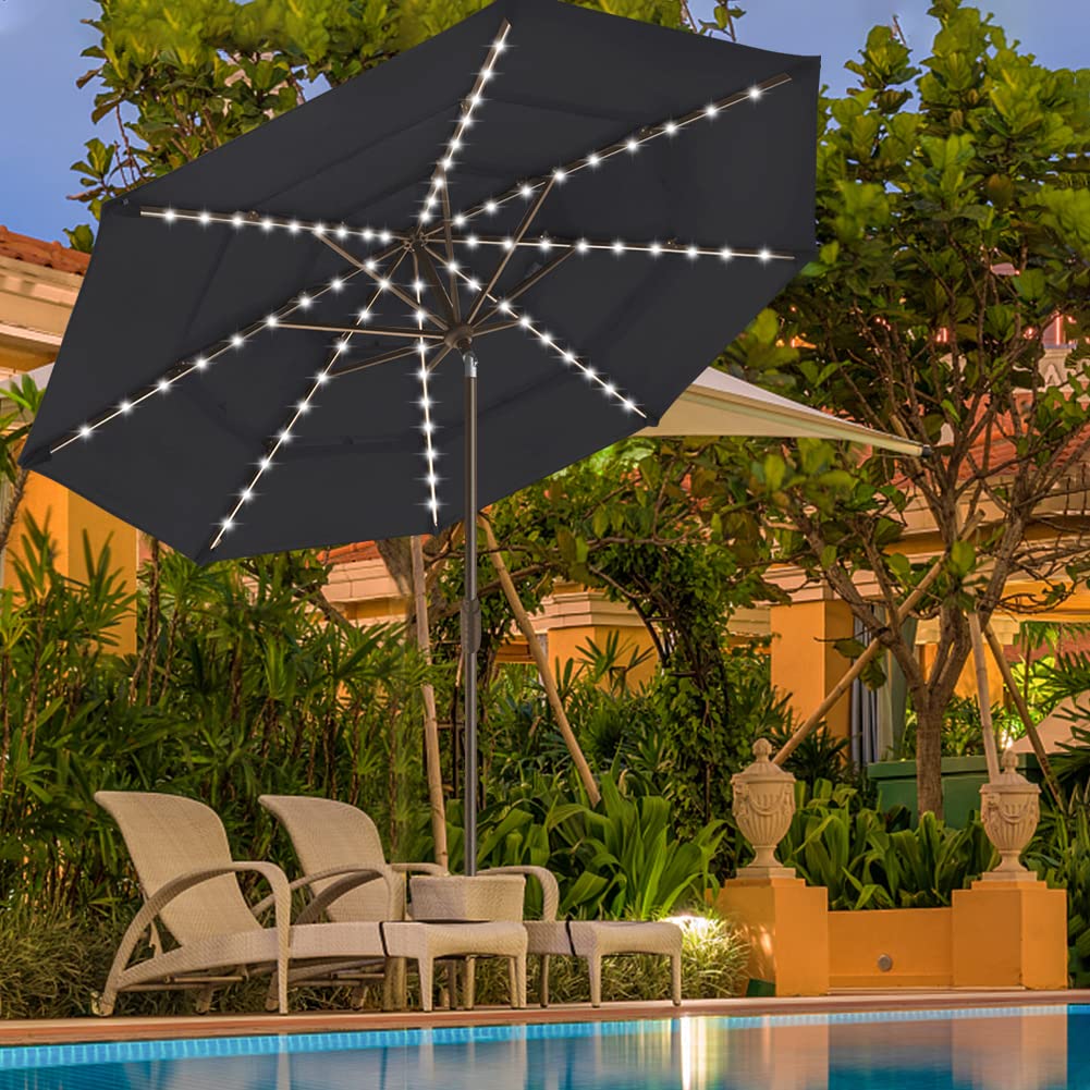 EliteShade USA 10-Year Fade-Resistant 9ft 3-Tier Solar Patio Umbrella with 80 LED Lights - Outdoor Market Umbrella with Ventilation for Garden, Poolside & Restaurant (Black) - Perfect for Backyard, Deck & Commercial Use