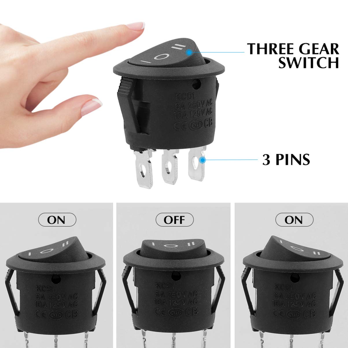 BESPORTBLE 5-Piece Rocker Switch Set - 3 Round Double Throw Push Buttons for Power Control in Office, Bar, and Car Applications