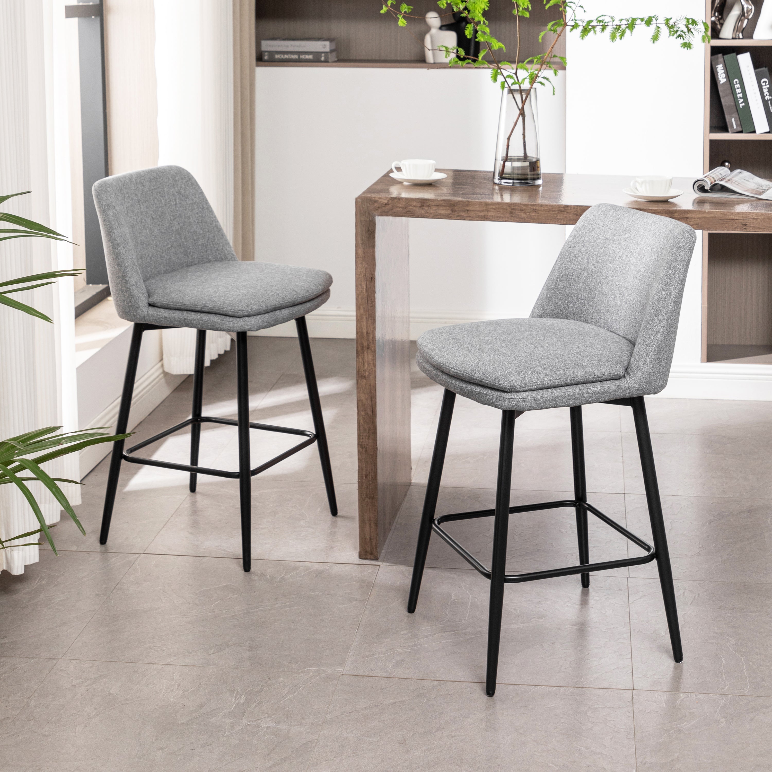 360° Swivel Counter Height Bar Stools Set of 2 - Upholstered with Back Support & Sturdy Metal Legs, 25.6
