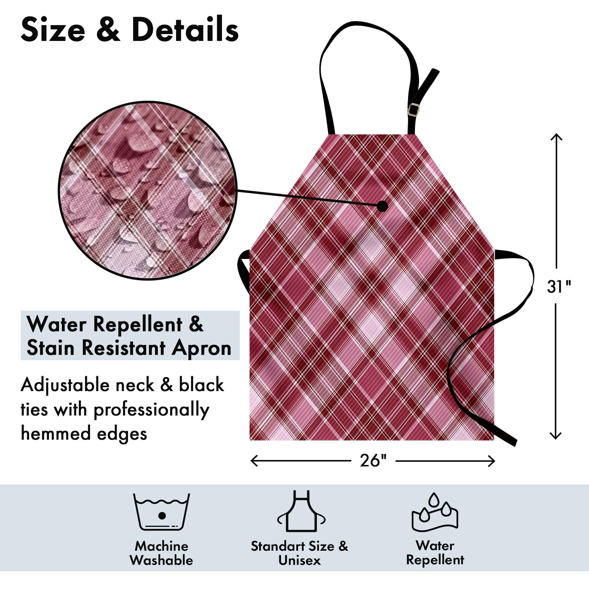 Ambesonne Checkered Apron - Unisex Adjustable Kitchen Bib Apron with Diagonal Rose & White Striped Pattern for Cooking, Baking, Gardening | Perfect for Home Chefs, BBQ Parties & Holiday Gifts