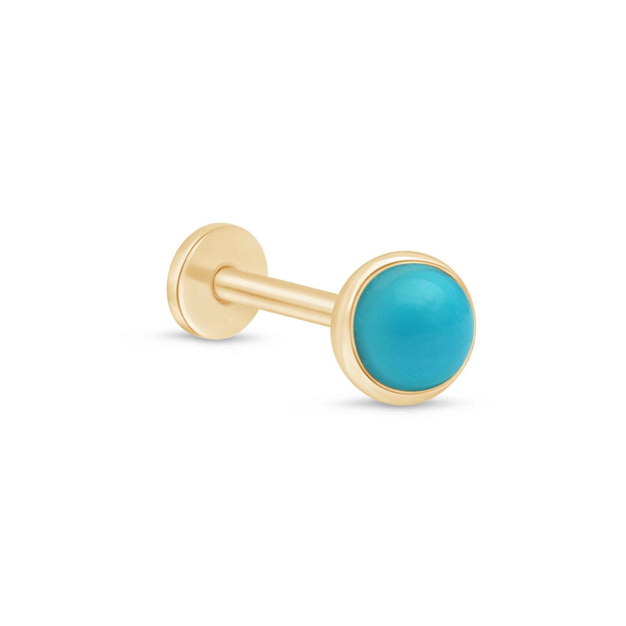 14K Yellow Gold Round Turquoise Cabochon Stud Earrings - Flat Back Bezel Set for Everyday Wear & Boho Jewelry