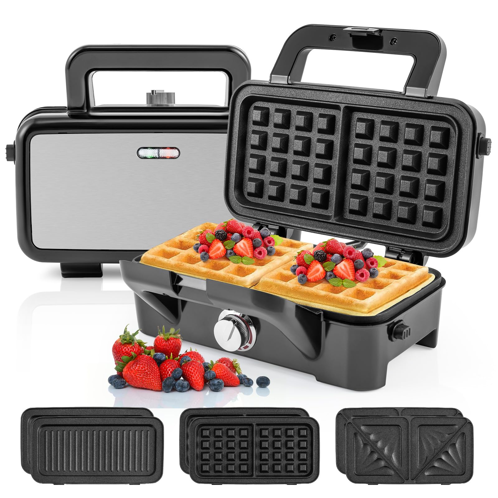 COSTWAY 3-in-1 Sandwich Maker & Waffle Iron, 1200W Electric Grill with 3 Interchangeable Non-Stick Plates, 5-Temperature Settings for Perfect Grilled Cheese, Panini Press & Breakfast Waffles - Ideal for Home, Office & Quick Meals