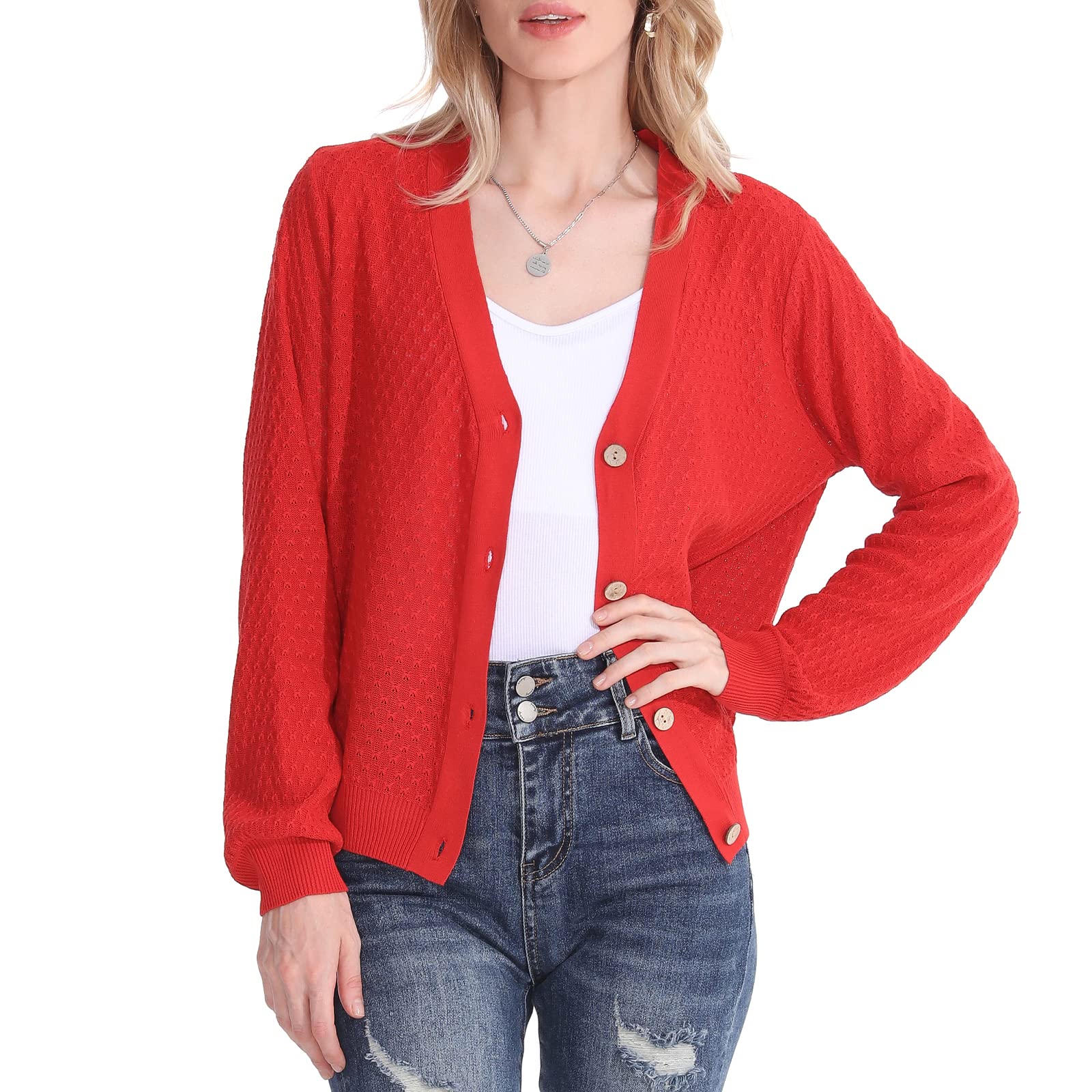 HOOKLZO Women's Lightweight Waffle Knit Cardigan Sweater - Long Sleeve V-Neck Button Down Open Front Shirt for Casual Outfits & Layering in Fall/Winter