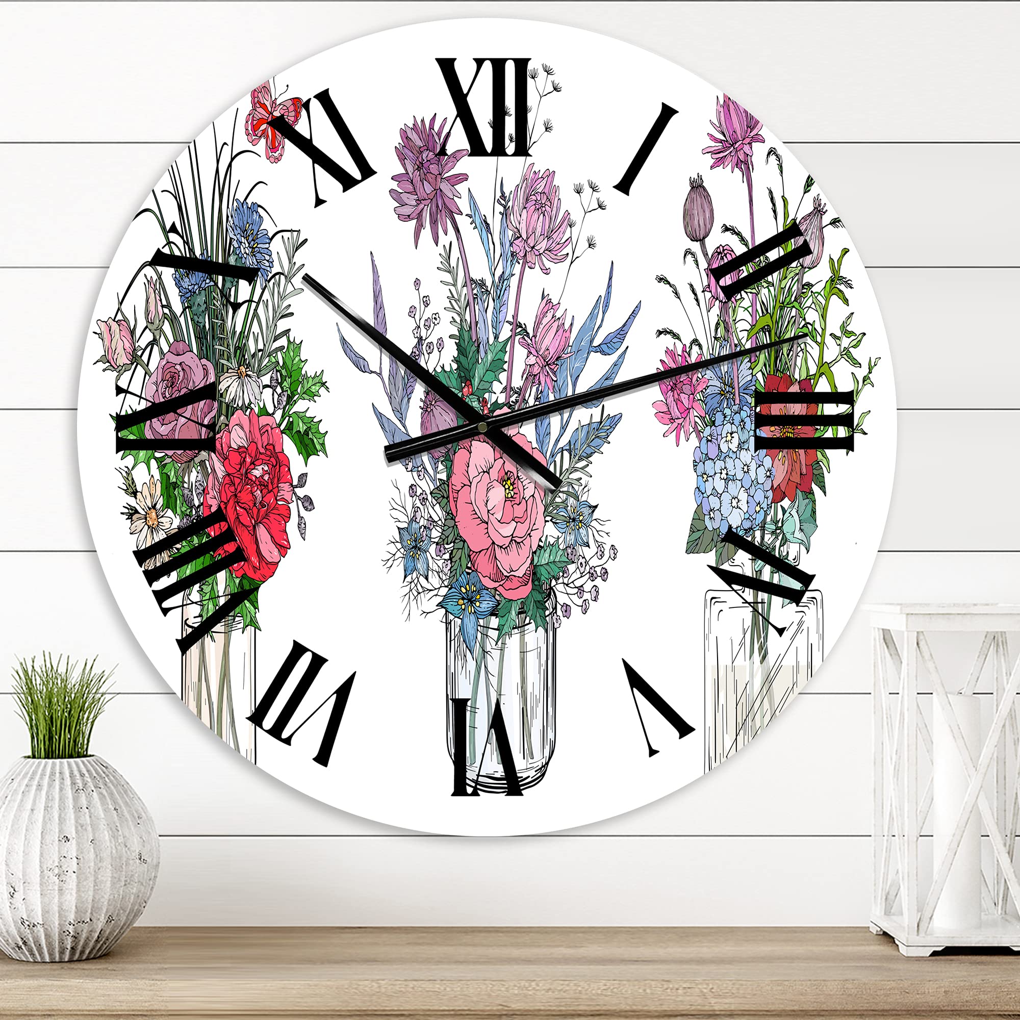 DesignQ Farmhouse Wall Clock - Large Floral & Botanical Wall Decor with Bouquets of Wildflowers in Transparent Vases for Kitchen, Living Room, Bedroom | Perfect for Rustic Home Decor