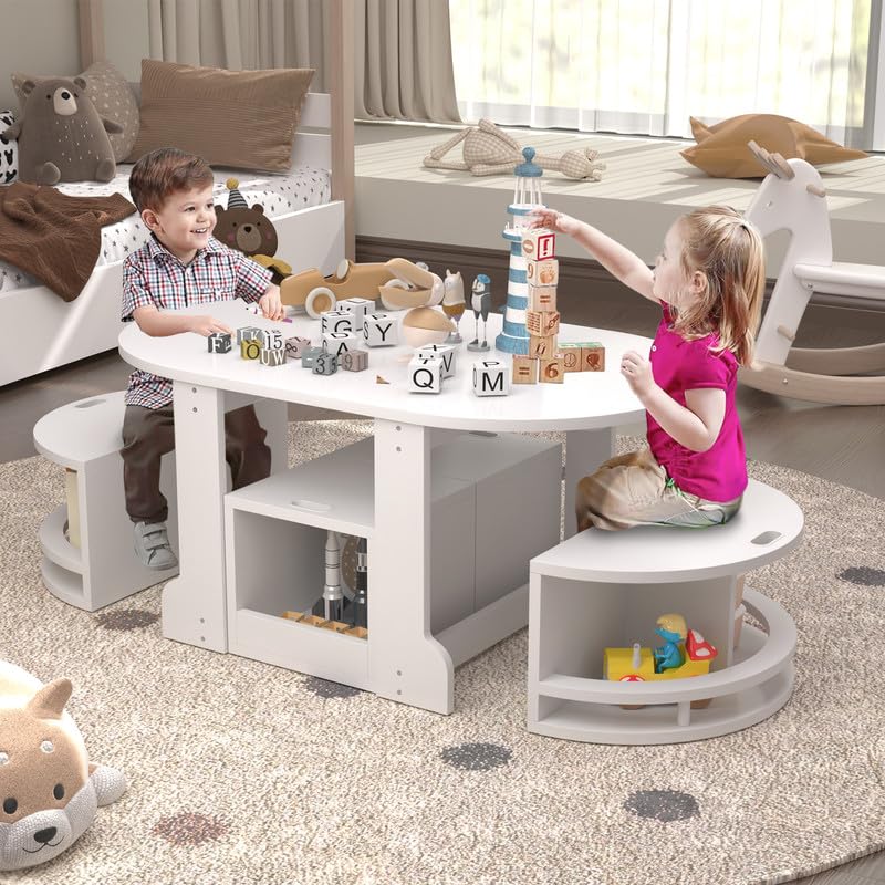 White Kids Table and Chairs Set - Elliptical Toddler Table with 4 Stools & Storage, Nesting Design for Ages 2-6 | Perfect for Playroom, Preschool Learning, Arts & Crafts Activities