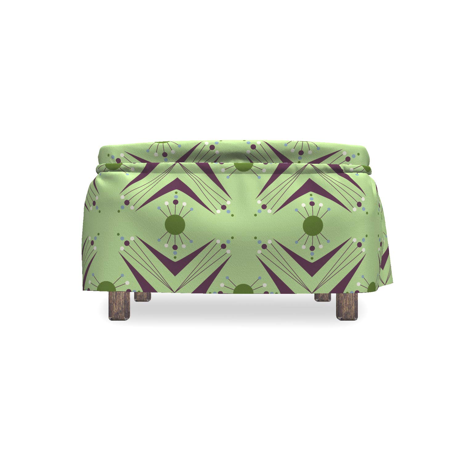 Ambesonne Mid Century Ottoman Cover 2-Piece Set - Atomic Boomerang Pattern Slipcover with Ruffle Skirt for Square/Round Footstools - Standard Size Apple Green Indigo Plum - Living Room Decor, Home Accent, Footrest Cover for Sofa & Chair Matching