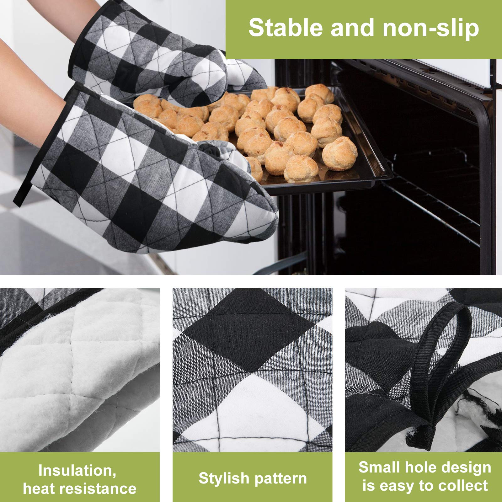 7-Piece Buffalo Check Kitchen Set - Cotton Plaid Dish Towels, Non-Slip Heat Resistant Oven Mitts & Pot Holders for Cooking, Baking, Grilling (Black & White) - Perfect for Holiday Decor & Rustic Farmhouse Kitchens