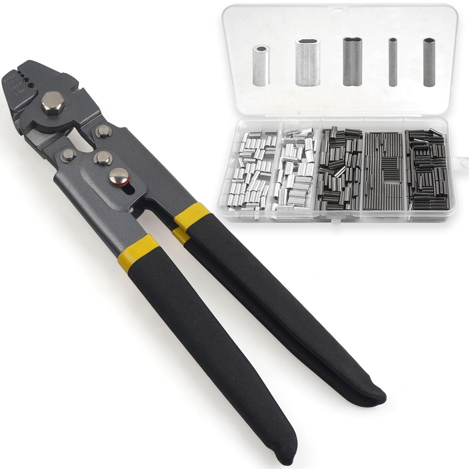 Heavy Duty Fishing Crimping Tool Kit with Crimp Sleeves - Professional Fishing Pliers for Making Leaders & Shark Rigs (Black) - Perfect for Saltwater Fishing, Offshore Angling & DIY Tackle Making