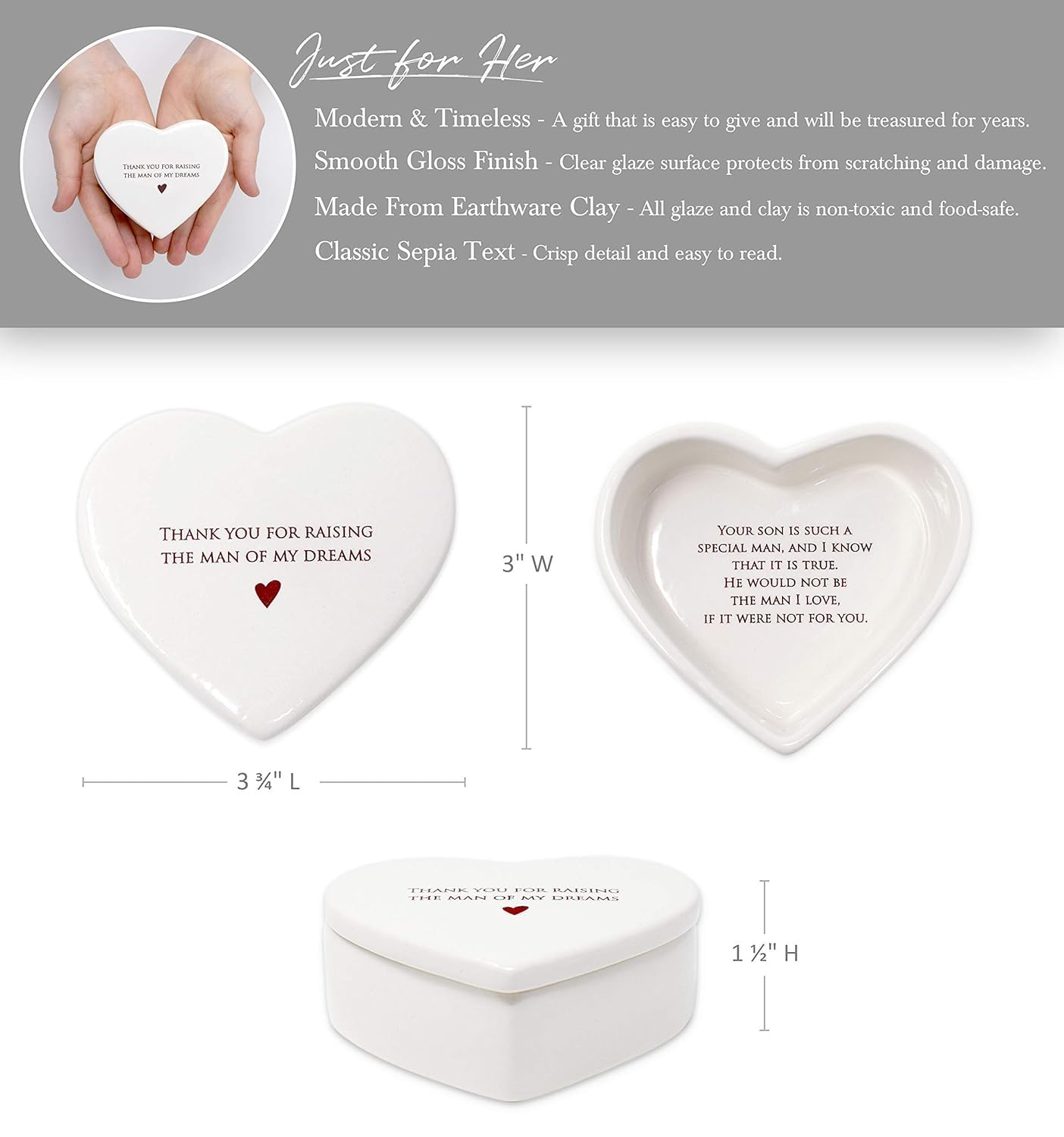 Ceramic Heart Keepsake Jewelry Box with Lid - Thoughtful Mother of the Groom Gift, Mother's Day Present for Mother-in-Law - Perfect for Storing Rings, Necklaces & Precious Memories - 'Thank You for Raising the Man of My Dreams' Engraved Gift