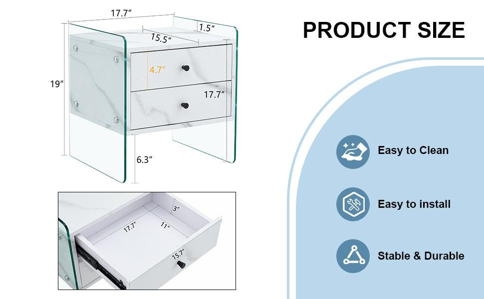Modern Double Drawer Bedside Table with MDF Sticker Surface & Tempered Glass Sides - Simple Elegant Design, Excellent Storage for Bedroom, Living Room, or Office Use