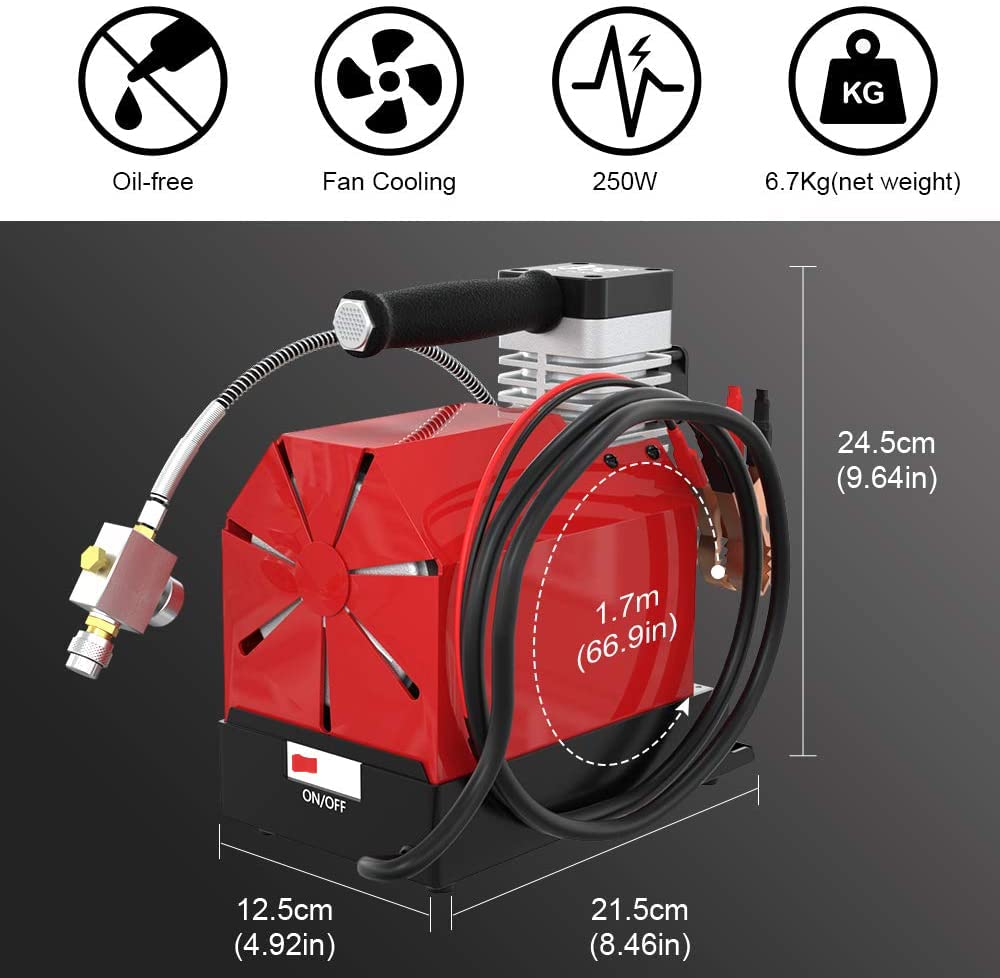 CS2 Portable PCP Air Compressor 4500PSI/30MPa - Oil-Free High Pressure Paintball Tank Compressor - 12V DC Car & 110V AC Home Power with Adapter - Includes Moisture-Oil Separator - Perfect for Paintball, Airsoft & Scuba Tank Refilling
