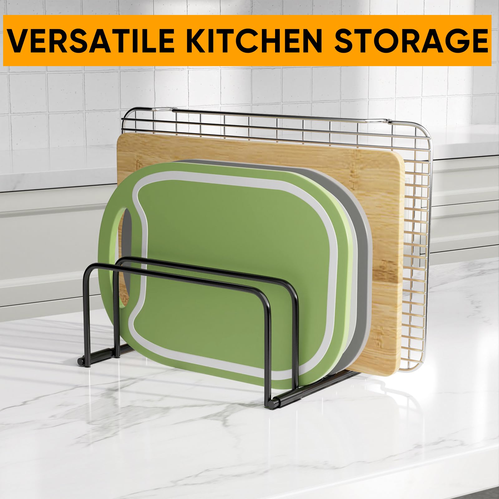 Stainless Steel Cutting Board Organizer Rack - Space Saving Kitchen Storage for Cutting Boards, Baking Sheets, Trays and Bakeware - Perfect for Cabinet & Countertop Organization - Ideal for Home Chefs and Organized Kitchens