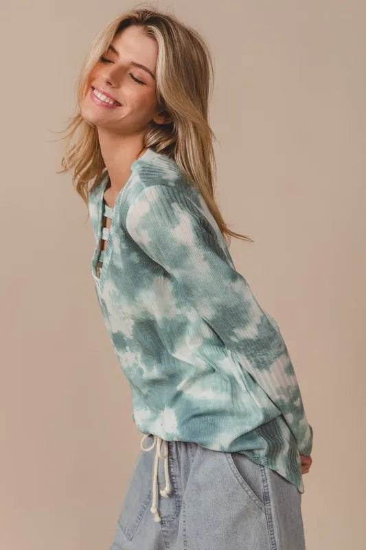 Bibi Variegated Tie Dye Rib V Neck Top With Straps in Dusty Sage Multi - Stylish Boho Chic Blouse for Women, Perfect for Summer Festivals, Beach Vacations & Casual Outings