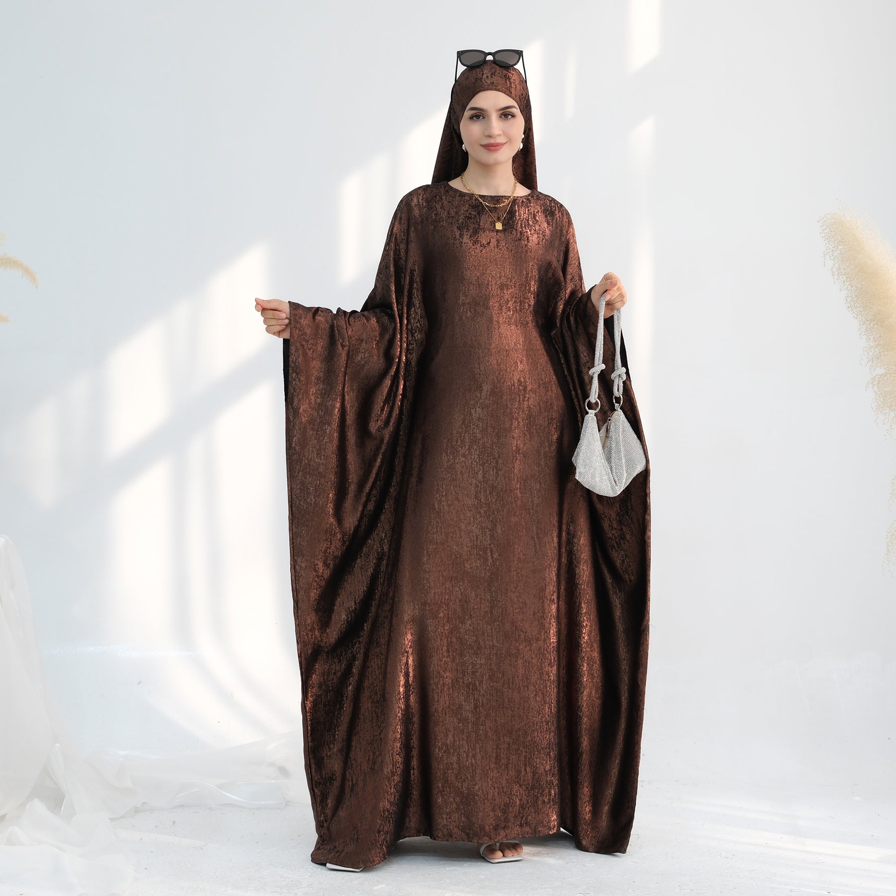 Linora Shimmer Butterfly Abaya - Elegant Brown Islamic Dress for Women | Perfect for Prayer, Eid, and Special Occasions