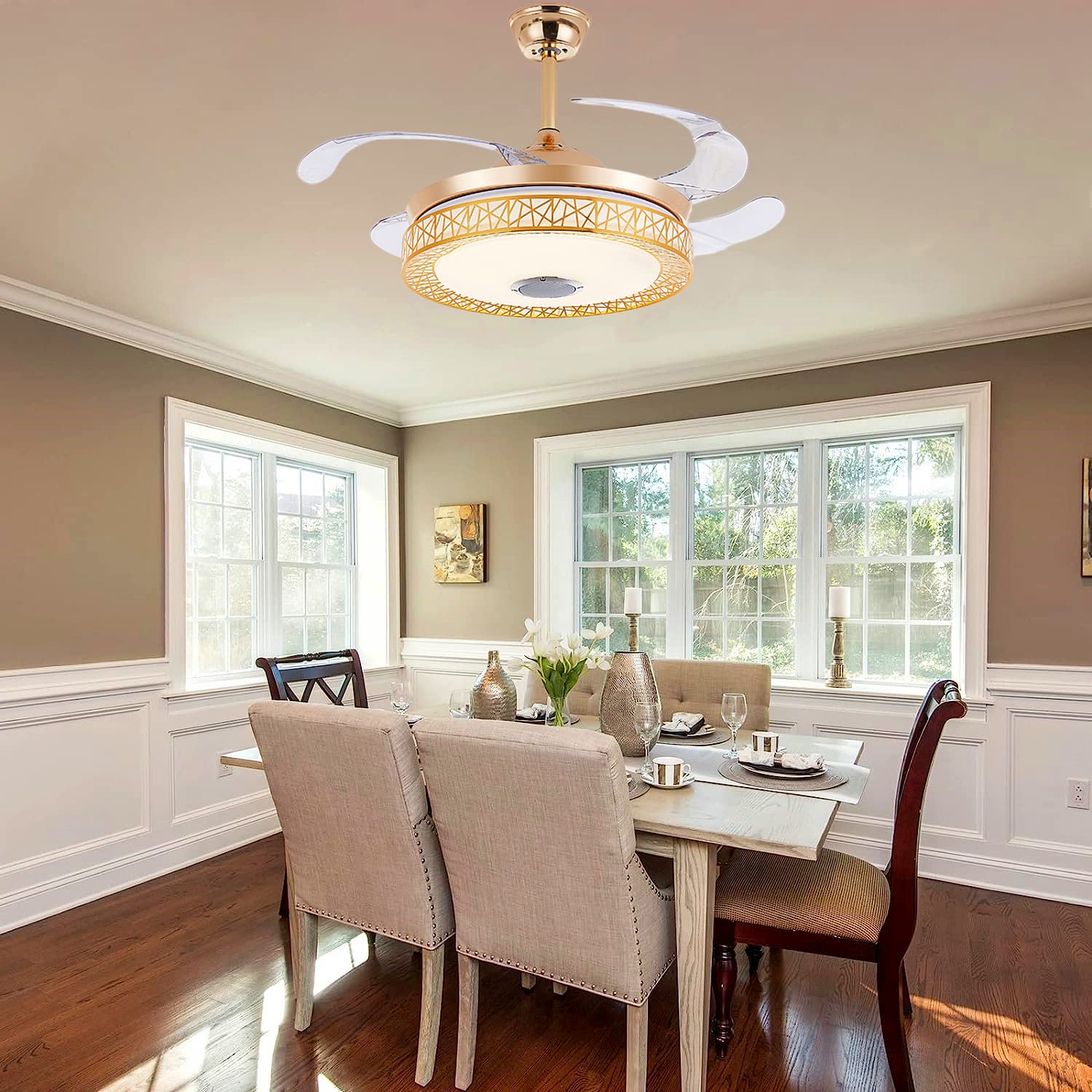 RuiWing 42 Inch Smart Ceiling Fan with Bluetooth Speaker, Retractable Blades, Remote Control & LED Light - 3 Speed Silent Motor, 3 Color Temperatures - Perfect for Living Room, Bedroom, and Home Office