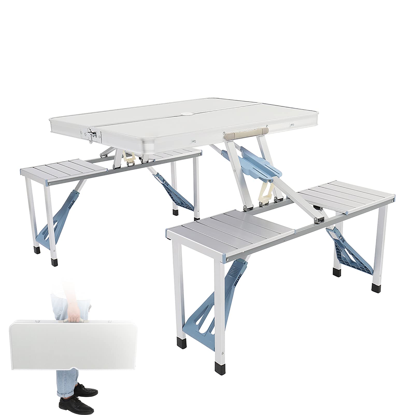 Portable Folding Picnic Table and 4 Chairs Set with Umbrella Hole - Lightweight Outdoor Camping, Backyard, Patio, Garden Furniture for Picnics, BBQs and Family Gatherings