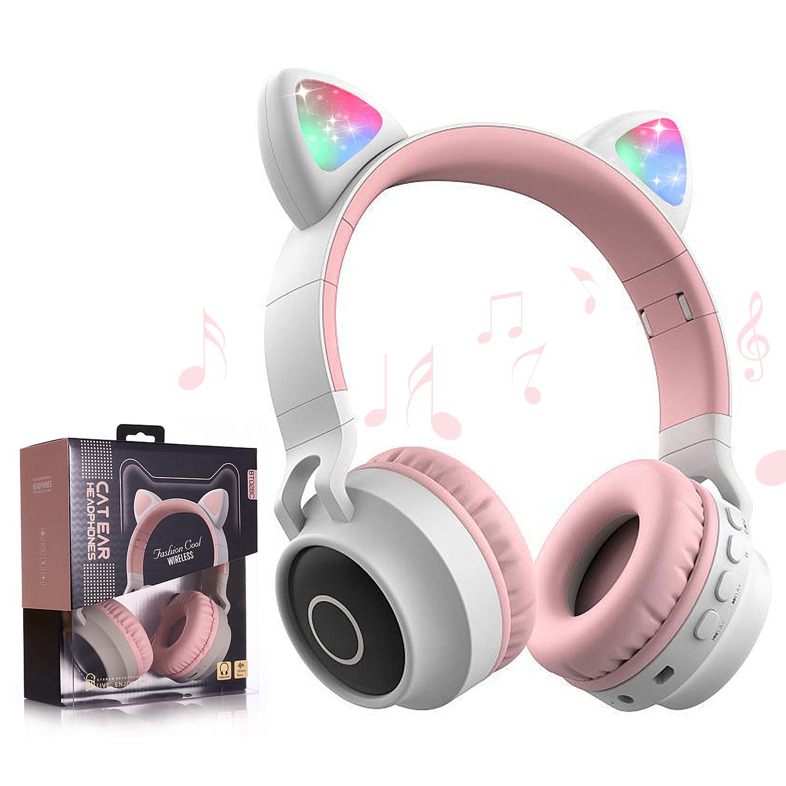 Wireless Bluetooth 5.0 Cat Ear Headphones with Microphone - Adjustable Over-Ear Stereo Headset for Kids, Teens & Adults - Compatible with Smartphones, PC, Tablet - Pink & Grey (Model N958WV1041BNG78HCJU) | Perfect for Gaming, Online Classes, Music Listening & Work Calls
