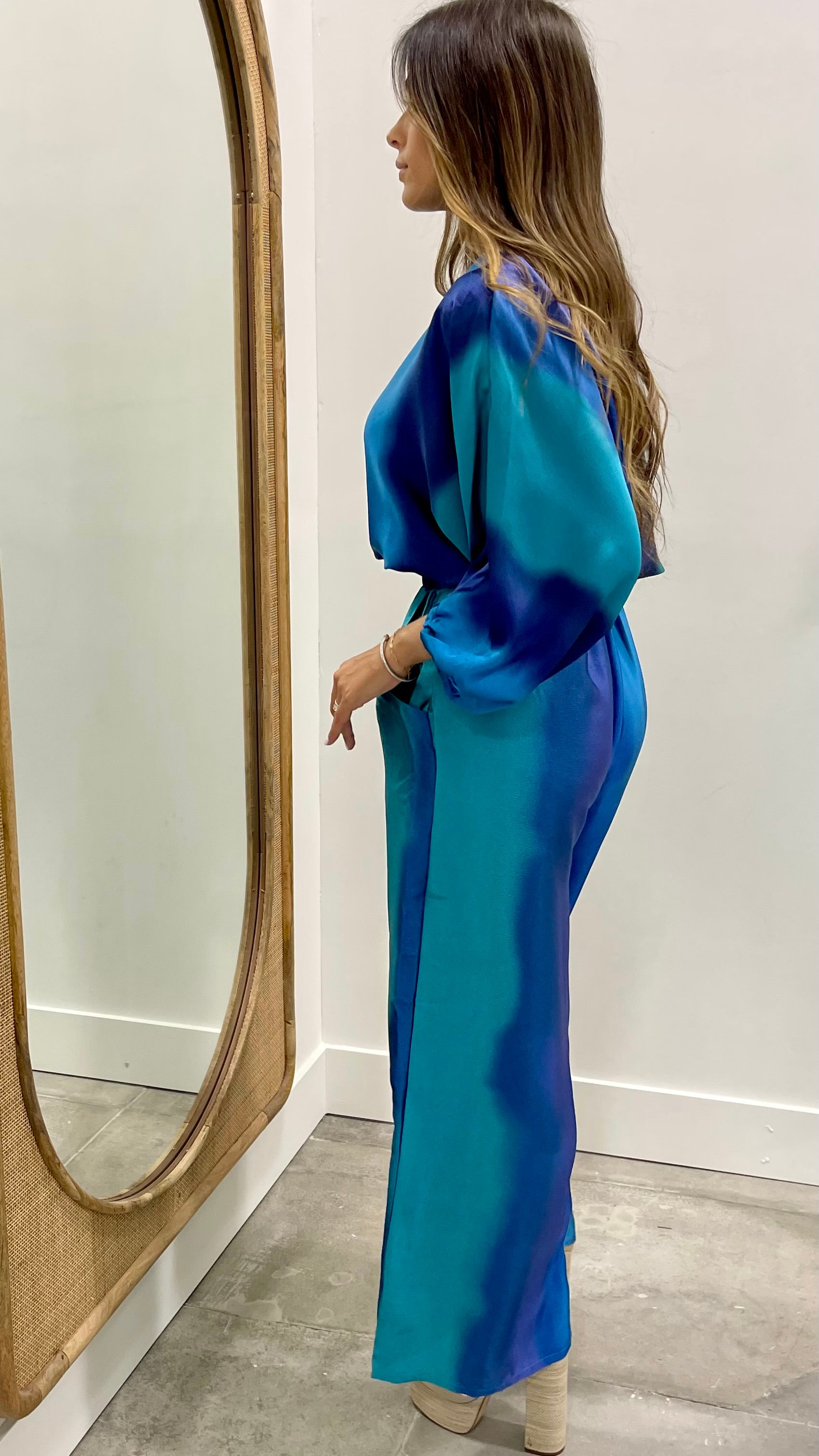 Blue Ombre Satin Boat Neck Blouson Top for Women | Elegant Casual & Party Wear | Perfect for Date Nights, Office & Special Occasions