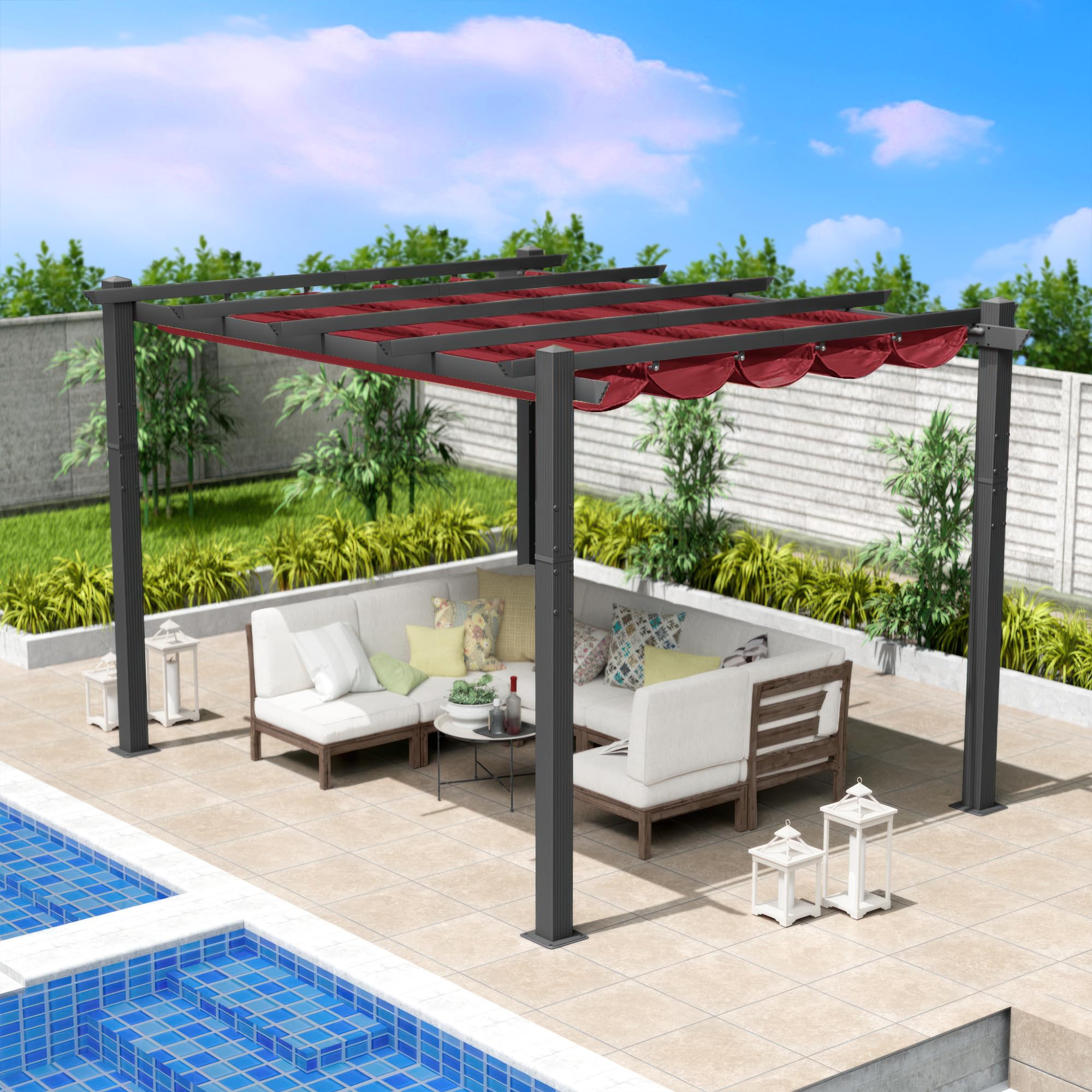 Kozyard Morgan 10' x 12' Retractable Aluminum Pergola with Sun Shade Canopy - Modern Outdoor Patio Cover for Backyard, Deck & Garden - Burgundy Metal Grill Gazebo for Relaxing & Entertaining
