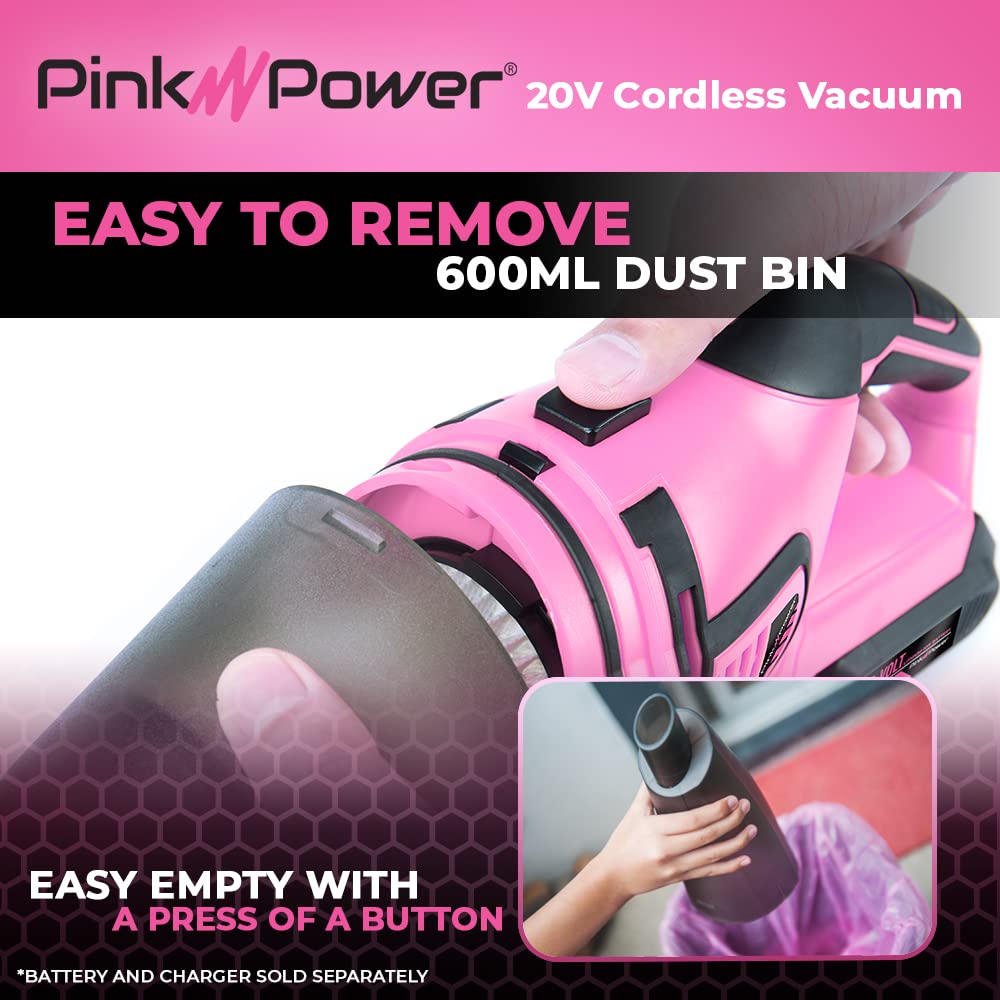 Pink Power Vacuum Cleaner - Cordless Handheld Vacuum (Tool Only, No Battery or Charger) - Perfect for Quick Cleanups, Car Detailing & Pet Hair Removal