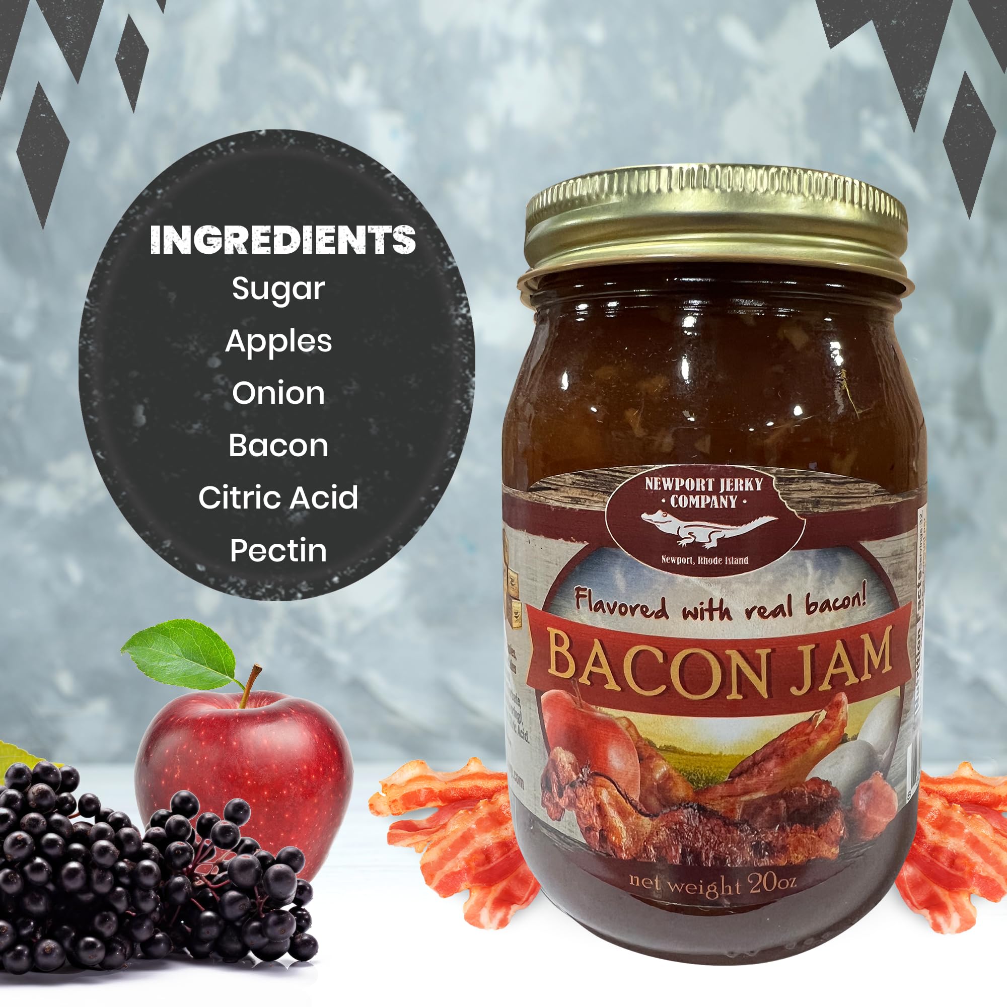 Newport Jerky Company Bacon Jam - Real Bacon Flavor | Gourmet Small Batch Spread for Burgers, Sandwiches & Toast | USA-Made 20oz Reusable Glass Jar | Perfect for BBQs, Charcuterie Boards & Breakfast