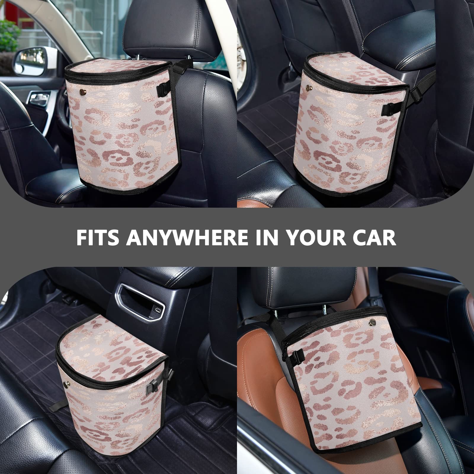 Senya Leopard Print Car Trash Can - Leak-Proof Hanging Car Garbage Bin with Cheetah Rose Gold Design, Interior Car Organizer Accessory for Sedans, SUVs & Road Trips