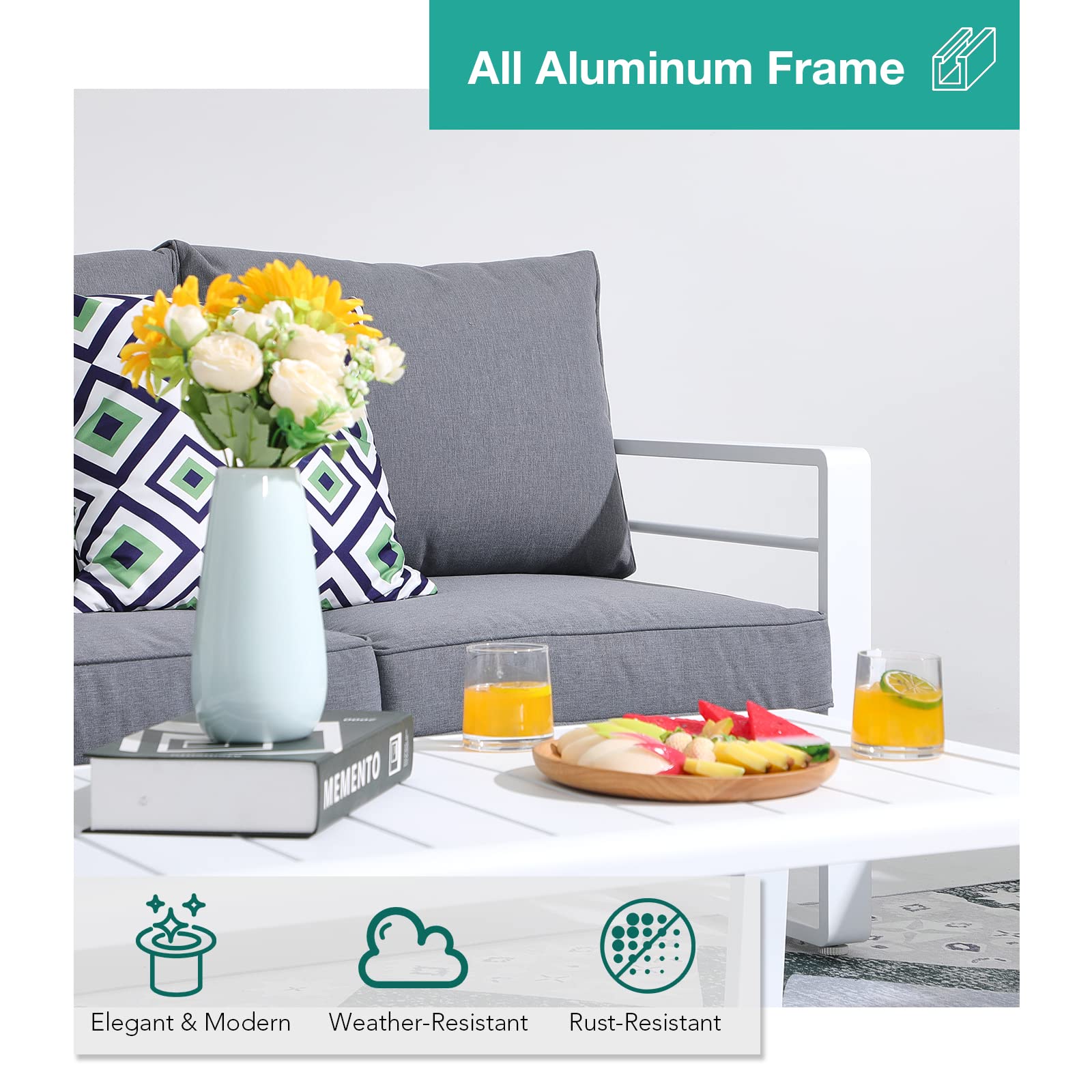 Patiorama Aluminum Patio Furniture Set - All-Weather Outdoor Loveseat with Olefin Cushions, 2-Seater Sofa Couch, 600 lbs Capacity, Deep Seating (Grey Cushion) - Perfect for Deck, Garden, Poolside & Backyard Relaxation