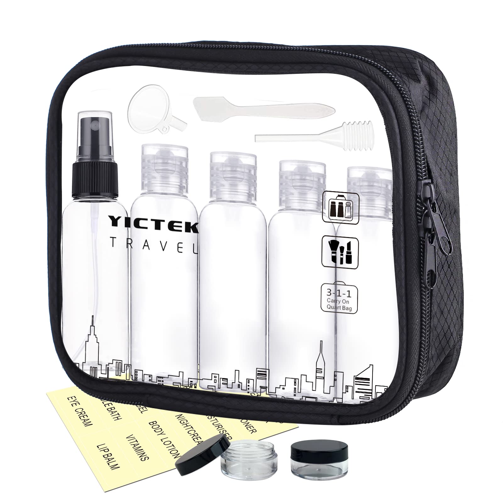 TSA Approved Travel Bottles Kit - 4 Pack Leak Proof Refillable Plastic Containers for Toiletries & Liquids with Clear Quartz Size Bag | Perfect for Air Travel, Gym, Camping & Daily Essentials Organization