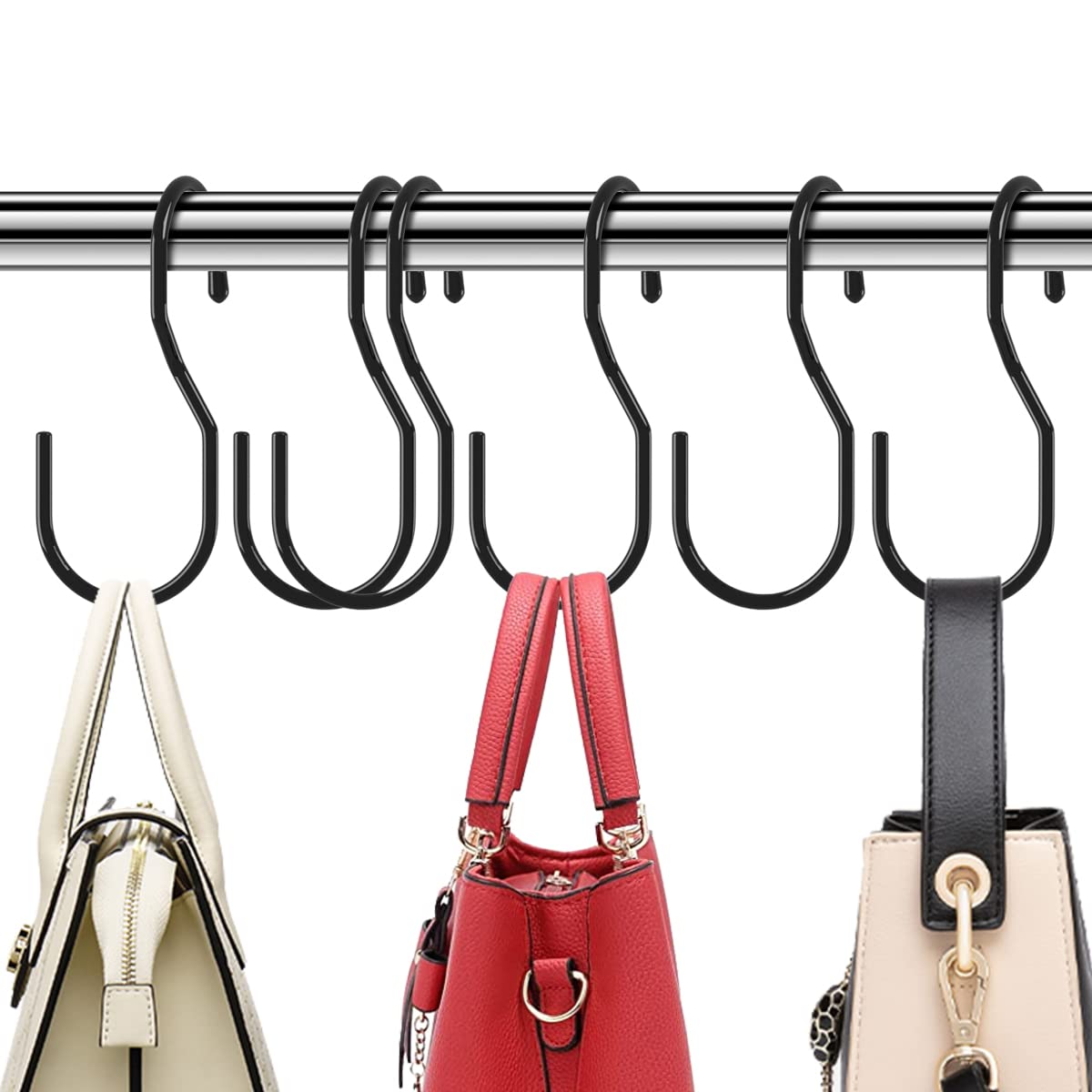 Purse Hanger & Organizer - 6 Pack Black S-Hooks for Closet - Space Saving Bag Hanger for Handbags, Purses, Belts, Scarves, Hats & Clothes - Durable Closet Rod Hooks for Bedroom, Bathroom & Kitchen Organization