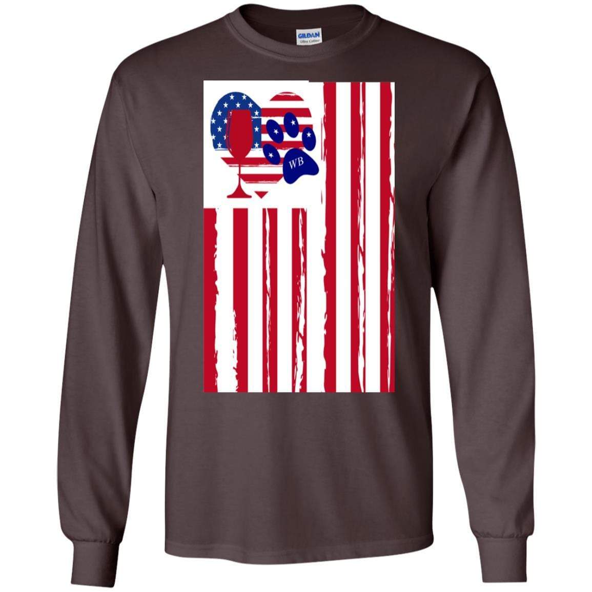 WineyBitches.Co Patriotic American Flag Wine Paw Heart Long Sleeve Ultra Soft Cotton T-Shirt for Women | Perfect for Wine Lovers, 4th of July & Pet-Themed Parties