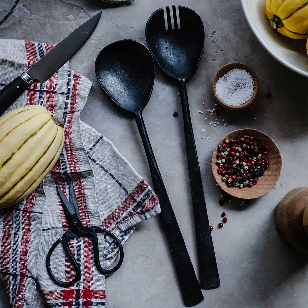 Hand-Forged Rustic Serving Utensil Set - 3-Piece Wooden Kitchen Tools for Cooking, Serving & Entertaining - Perfect for Farmhouse Dining, BBQ Parties & Holiday Gatherings