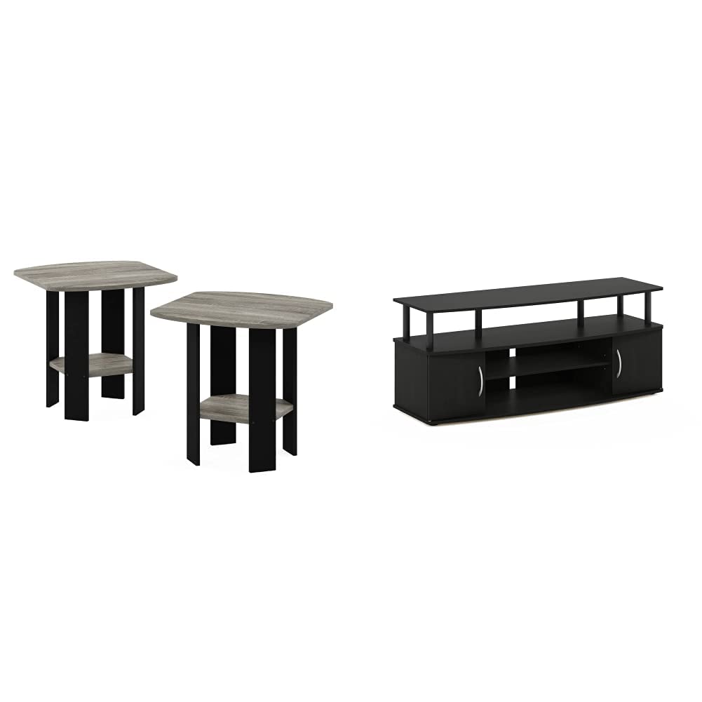 FURINNO 2-Pack Simple Design End Table & Large TV Stand for 55 Inch - French Oak Grey/Black & Blackwood - Modern Living Room Furniture for Small Spaces, Bedroom, Apartment, Dorm
