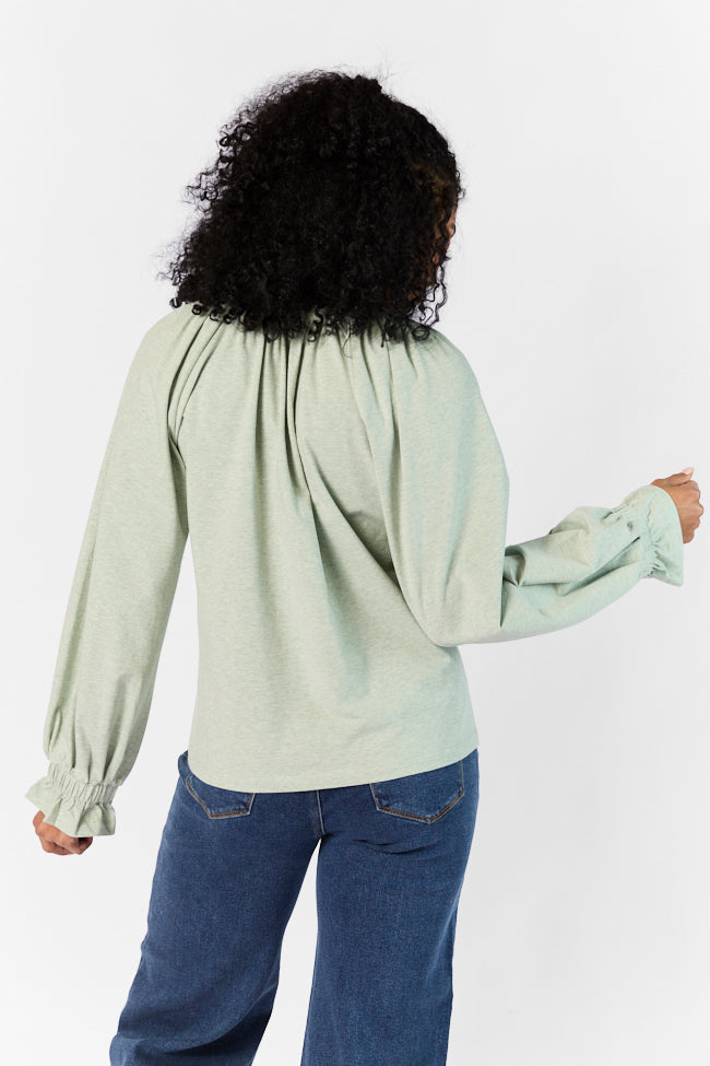 Simply You Sage Knit Notched Neck Long Sleeve Blouse for Women - Comfortable Office & Casual Wear - Elegant Green Knit Top for Work, Date Night & Everyday Outfits