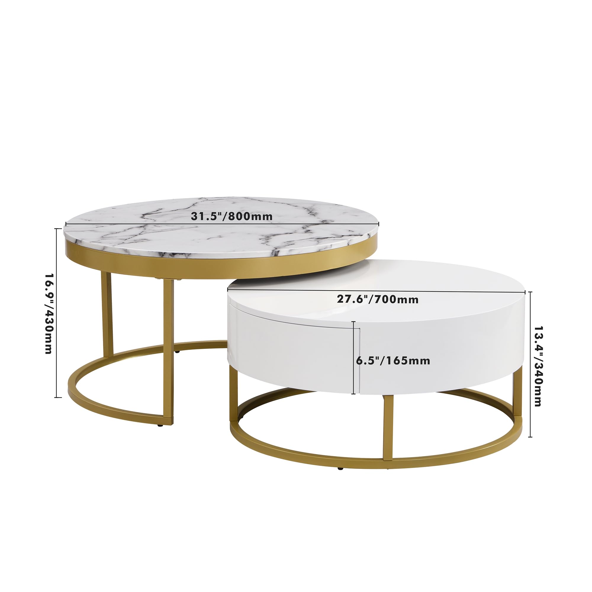 Modern White Round Nesting Coffee Table with Drawers - Stylish Circle Living Room Furniture for Small Spaces | Perfect for Apartments, Lounge Areas & Home Decor