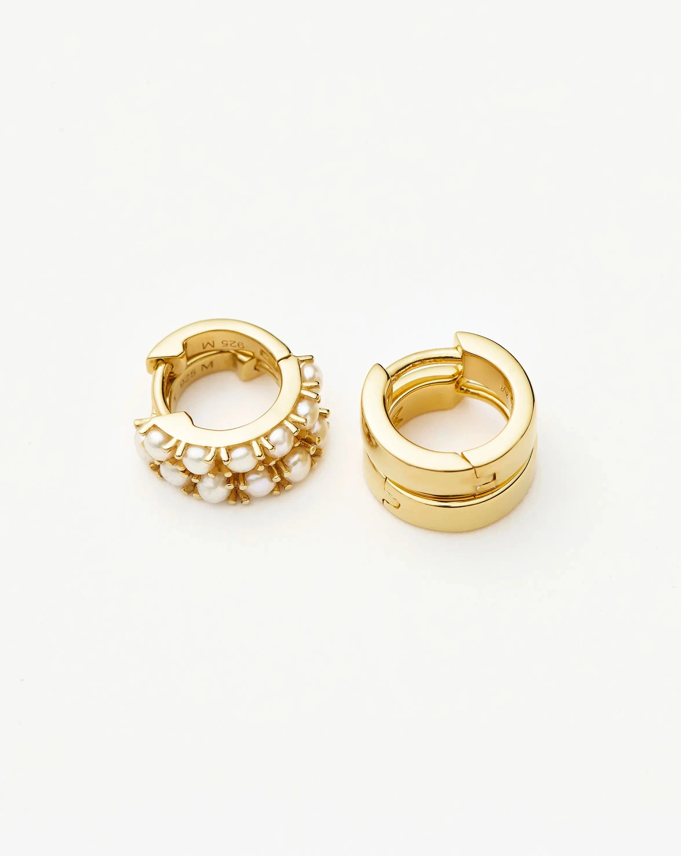 Chubby & Gemstone Huggies Earrings Set | 18k Gold Plated Vermeil with Pearl Accents - Perfect for Everyday Wear, Gift Giving & Special Occasions