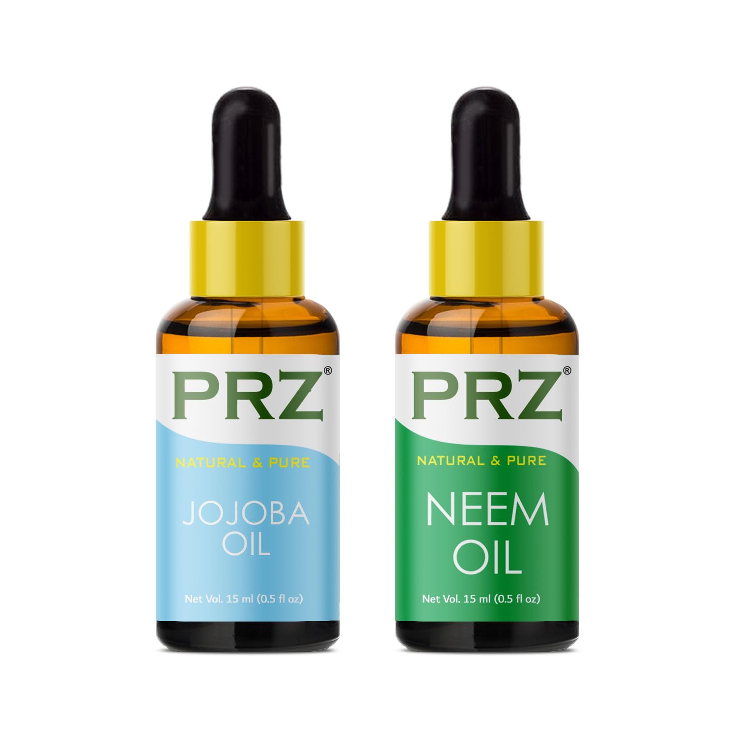 PRZ 100% Pure Cold Pressed Jojoba Oil & Neem Oil Combo - Natural Therapeutic Grade for Aromatherapy, Body Massage, Skin & Hair Care (15ML Each) - Perfect for DIY Beauty Recipes, Scalp Treatment & Relaxation Therapy
