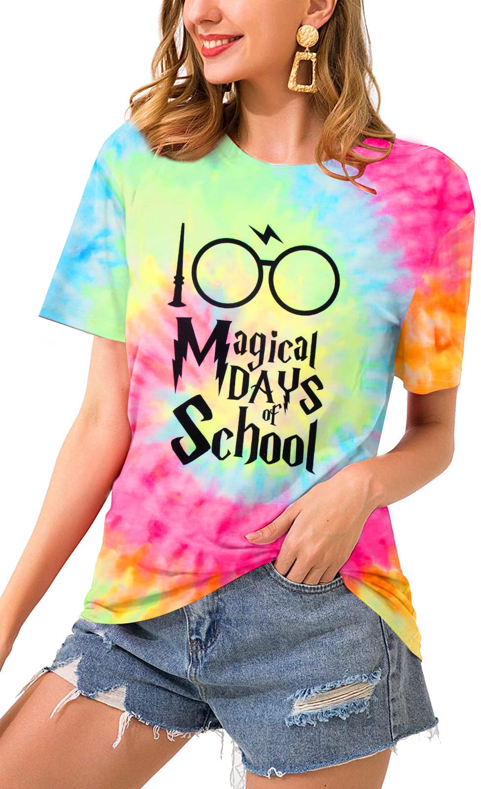 100 Days of School Teacher Shirt for Women - Magical Glasses Graphic Tee, Casual Tie Dye Short Sleeve Top - Perfect for School Celebrations, Teacher Appreciation & Fun Classroom Activities