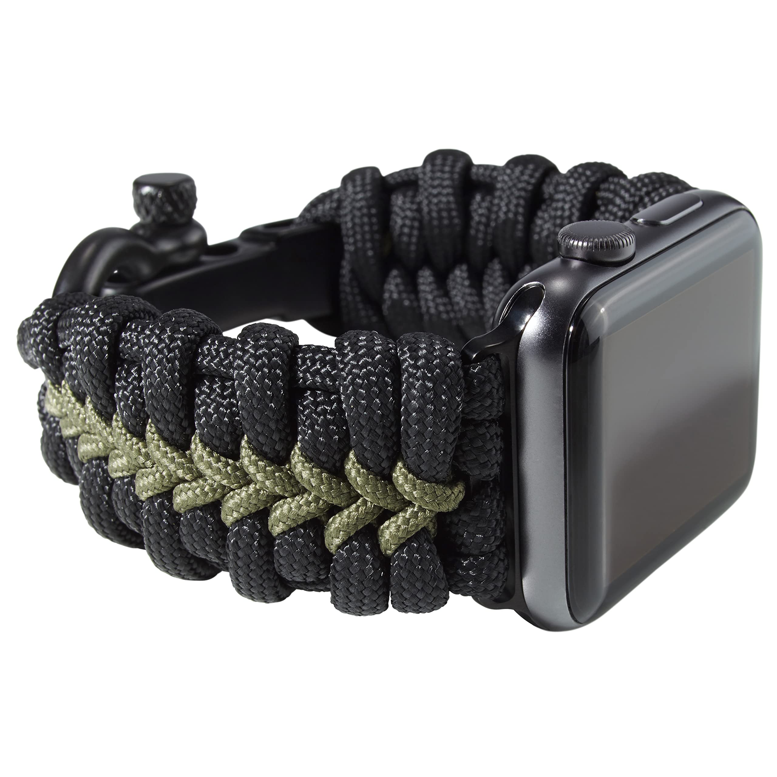 Savior Survival Gear Paracord Watch Band - Compatible with Apple Watch Series 42mm 44mm 45mm 49mm, 550 Paracord Bracelet with Stainless Steel Shackle for Men & Women (Black & Green, Large) - Perfect for Outdoor Adventures, Hiking, Camping & Emergency Survival