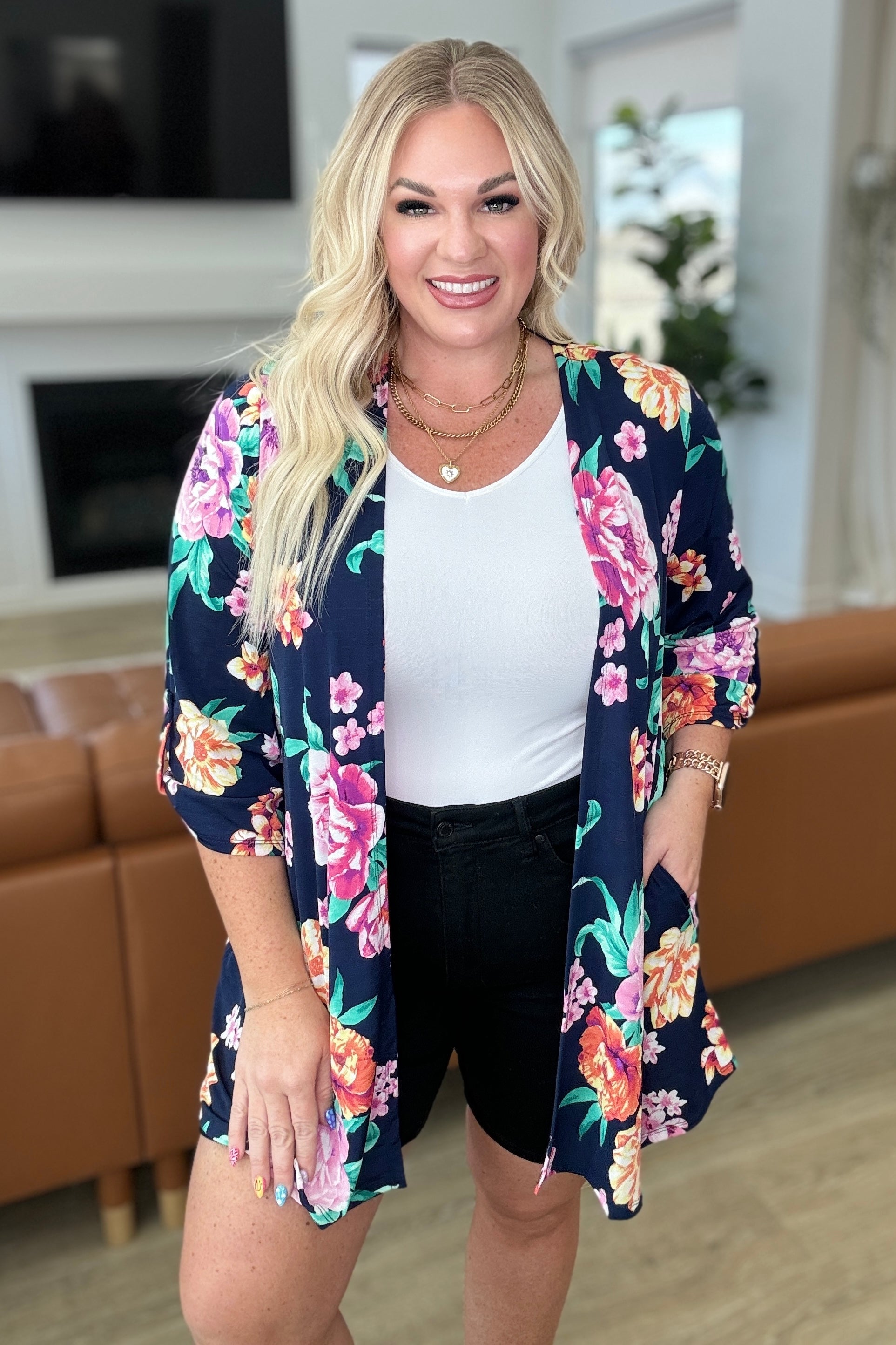 Lizzy Cardigan Women's Navy & Lavender Bouquet Knit Sweater - Cozy Fall & Winter Cardigan for Office, Date Night & Casual Outfits