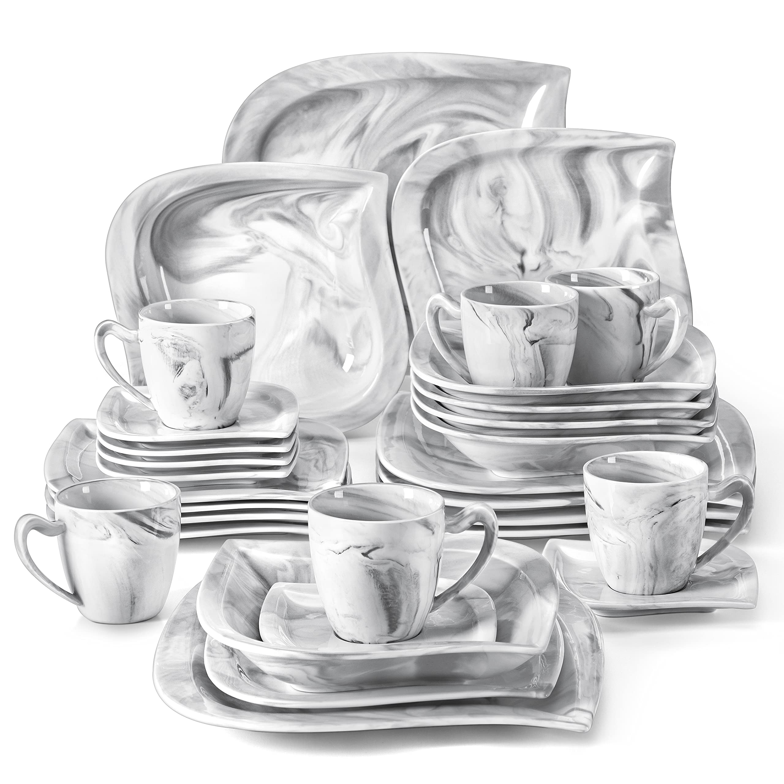 30-Piece MALACASA Porcelain Dinnerware Set for 6 - Modern Square Plates, Bowls, Cups & Saucers - Marble-Look Dish Set (Elvira Series) - Perfect for Family Dinners, Entertaining Guests & Restaurant-Style Dining