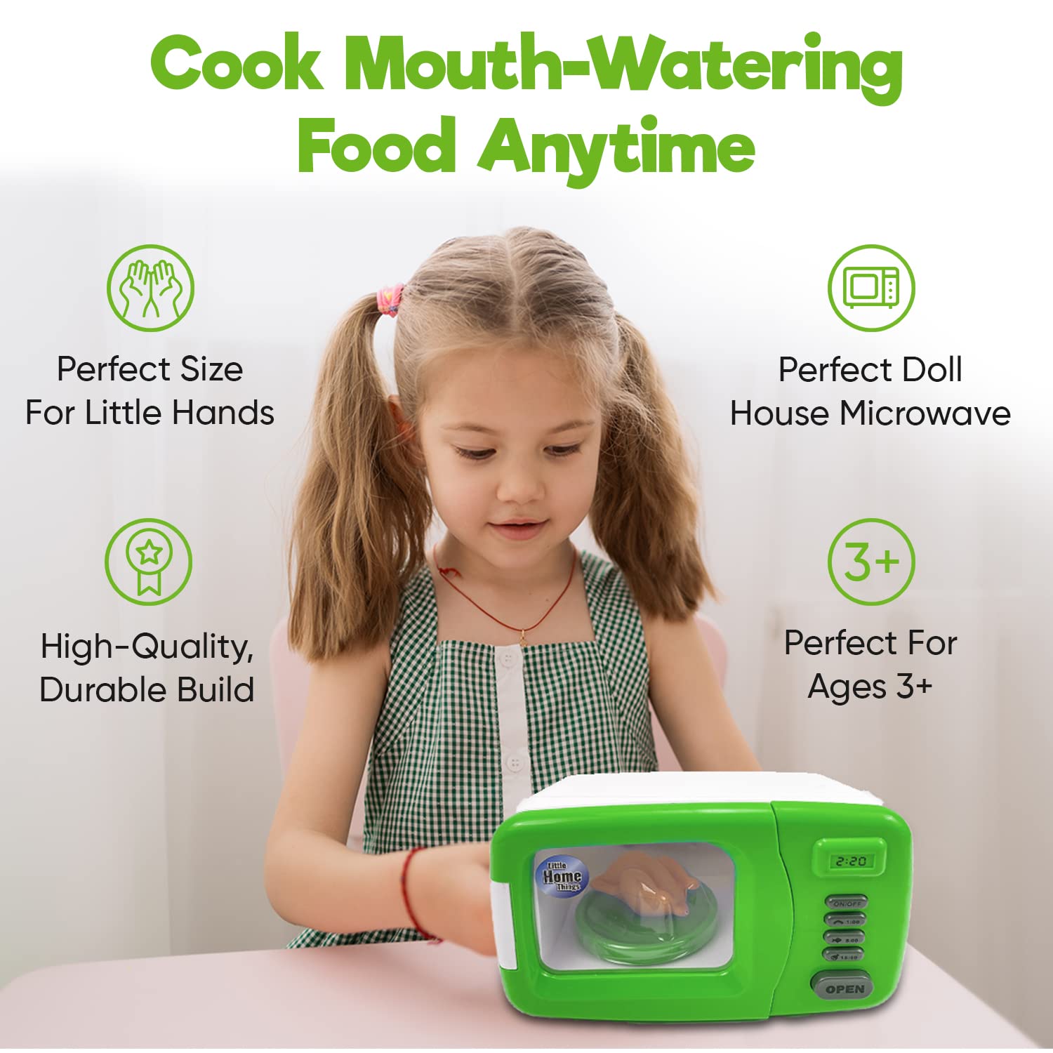 Misco Toys Kids Pretend Play Microwave Oven Toy Set with Realistic Lights & Sounds - Green Kitchen Appliances for Toddlers Ages 3+ | Fun Cooking Role Play for Preschoolers & Early Learning Development
