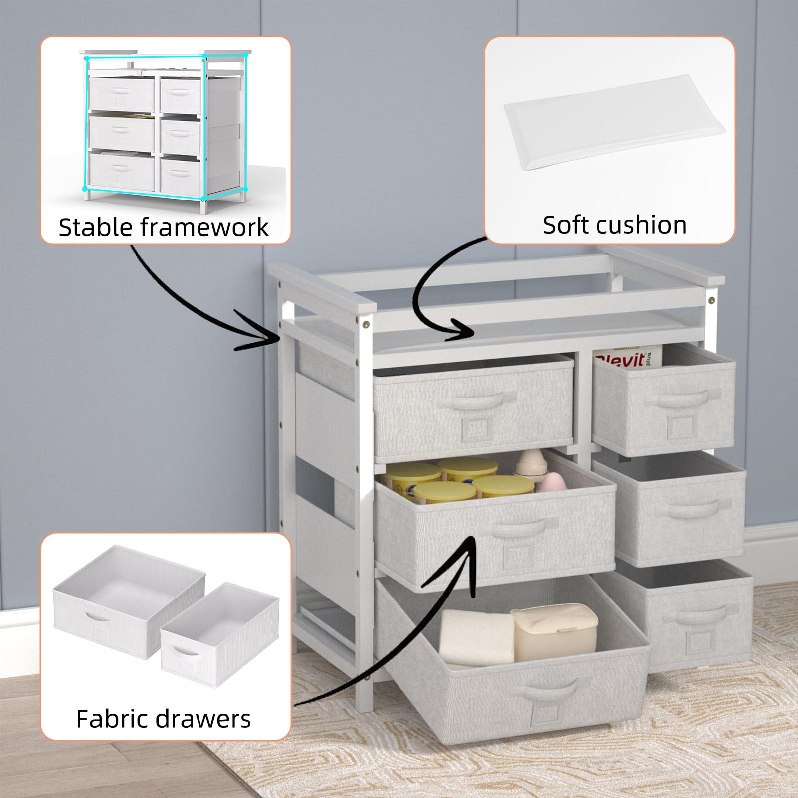 XJD Baby Changing Table with 6 Storage Drawers & Changing Pad - White Nursery Organizer for Diapers, Wipes & Baby Essentials - Perfect for Nursery, Bedroom or Baby Shower Gift