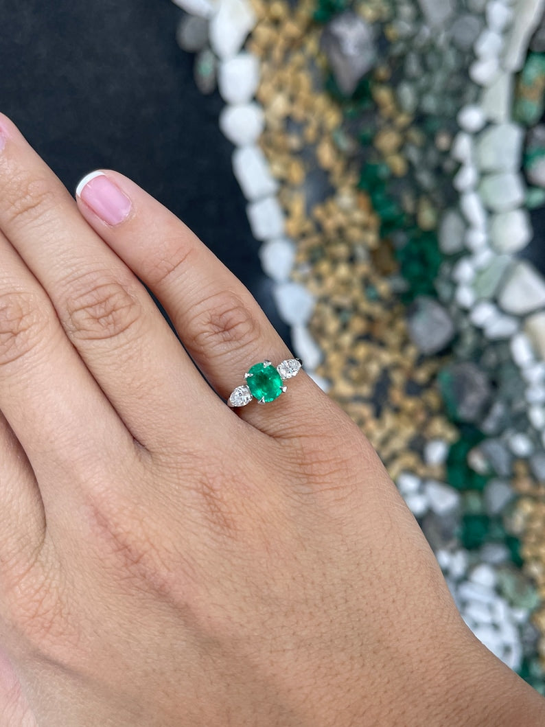 2.18tcw Platinum Vivid Dark Rich Green Emerald & Diamond Three Stone Engagement Ring - Fine Quality Jewelry for Weddings, Proposals & Anniversaries