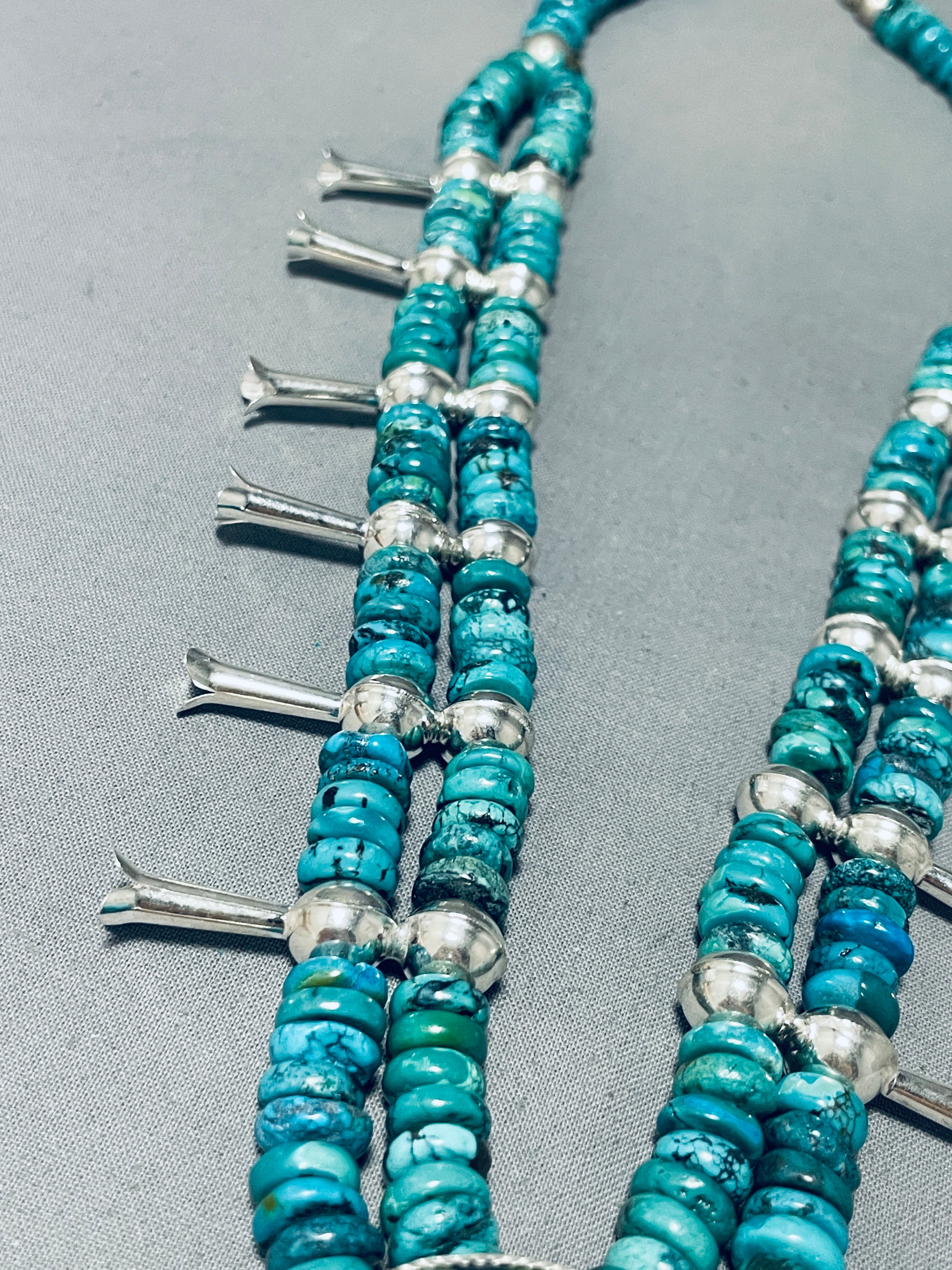 Authentic Navajo Sterling Silver Squash Blossom Necklace with Pilot Mountain Turquoise (190+ Grams) - Handcrafted Native American Jewelry for Women, Perfect for Weddings, Festivals & Special Occasions