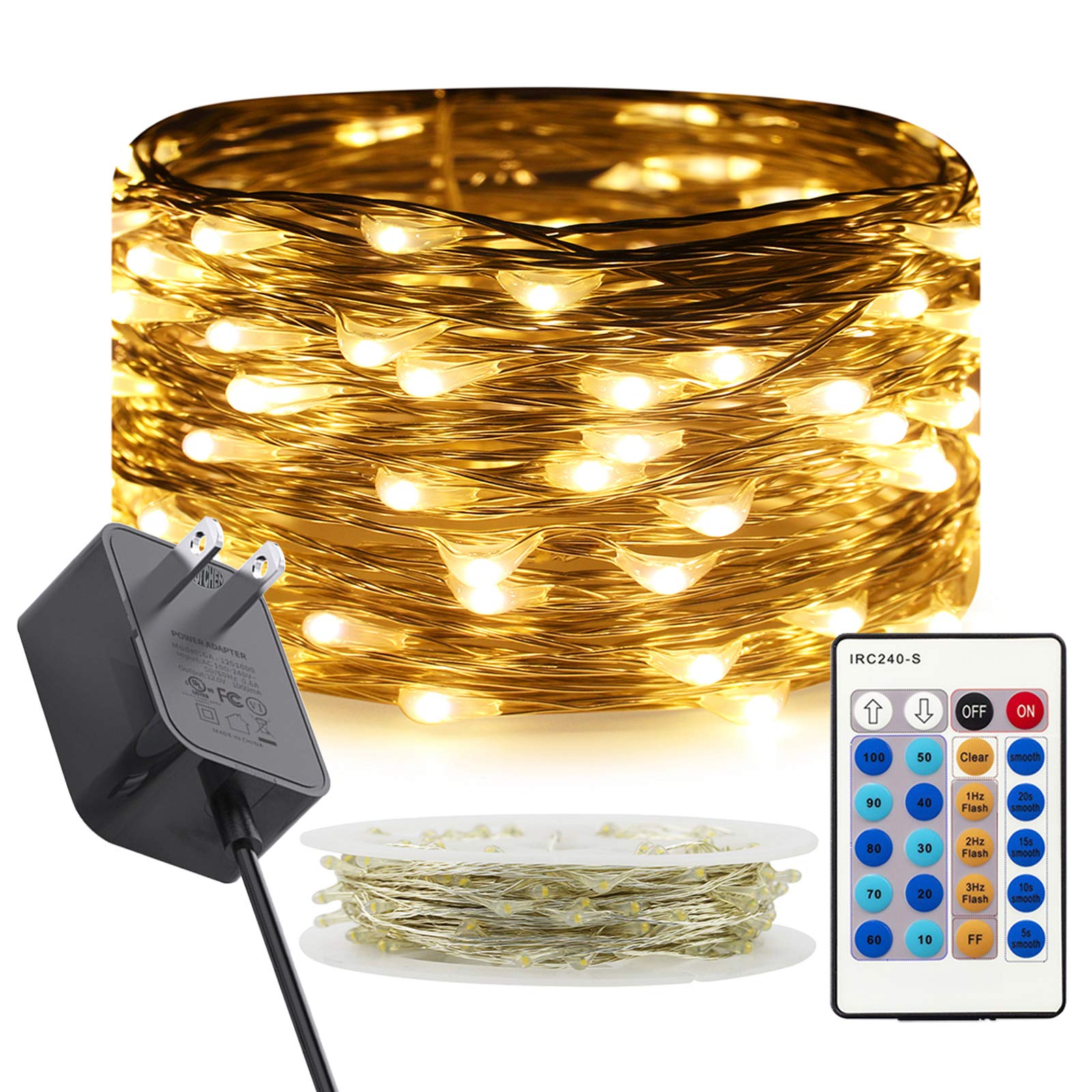 RUICHEN 33Ft 100 LED Dimmable Fairy String Lights with Remote - Waterproof Silver Wire Twinkle Lights for Christmas Decorations, Wedding Party, Bedroom, Patio (Warm White) | Indoor & Outdoor Decorative Lighting for Holidays, Events and Home Ambiance