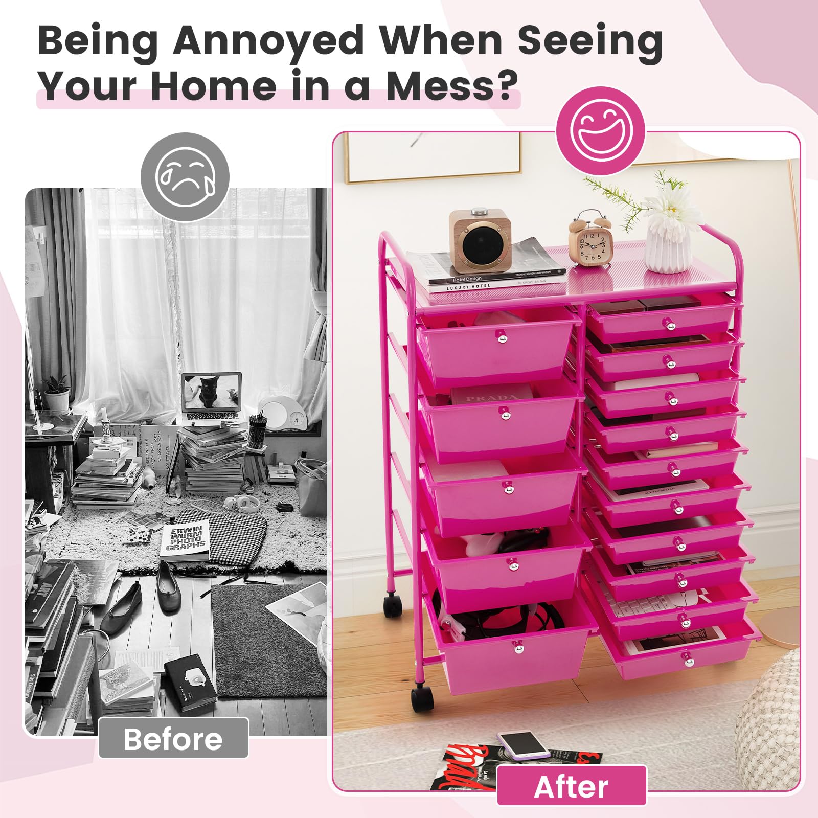 15-Drawer Rolling Storage Cart with Lockable Wheels - Multipurpose Craft Organizer for Tools, Arts, Scrapbooking, Papers - Perfect for Home, Office & School Use (Hot Pink) - Ideal for Craft Rooms, Classrooms & Workspaces