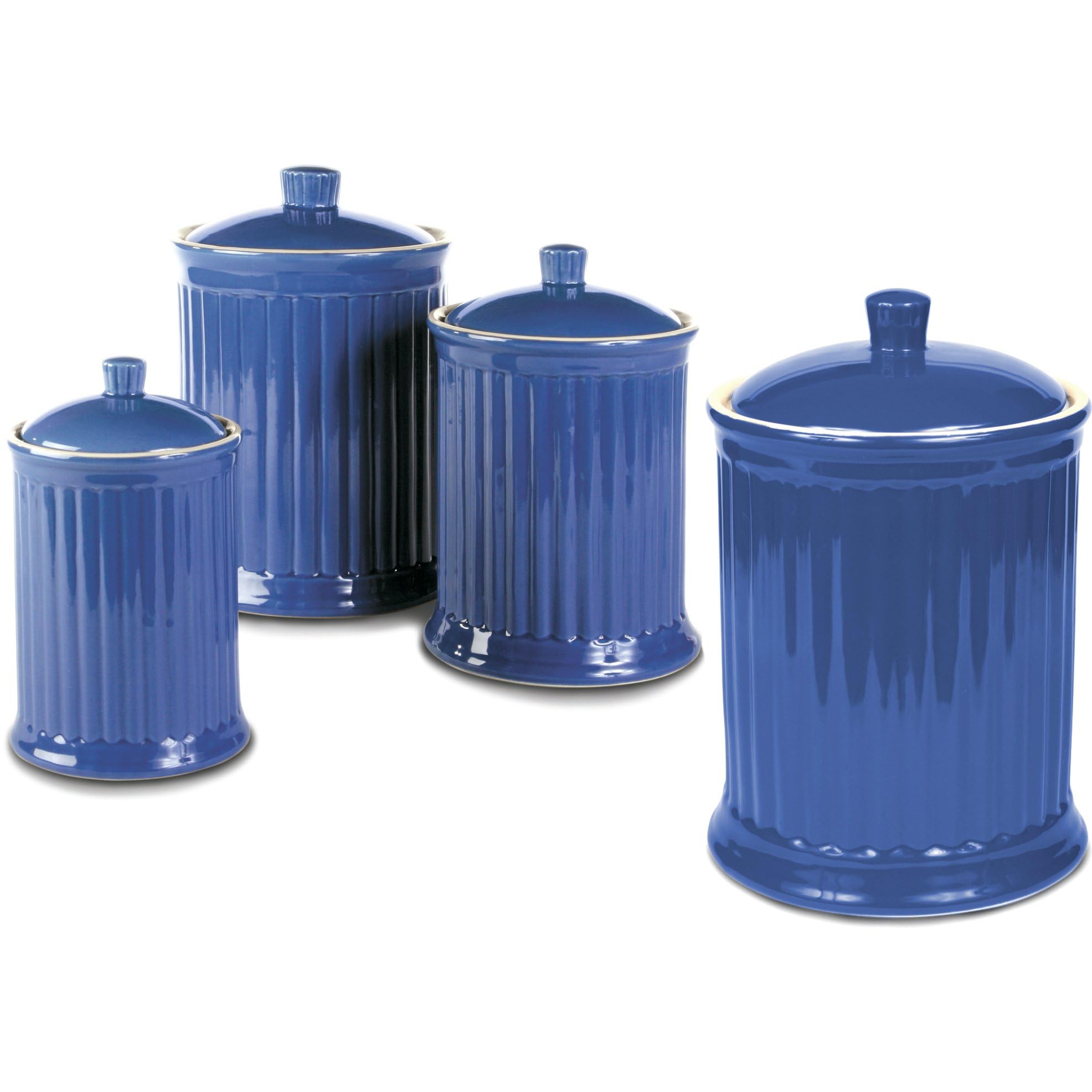 Omniware Simsbury 4-Piece Ceramic Canister Set with Airtight Lids - Lead-Free, Dishwasher Safe Kitchen Storage Containers for Flour, Sugar, Coffee & Tea - Vintage-Inspired Simply Blue Design for Pantry & Countertop Organization